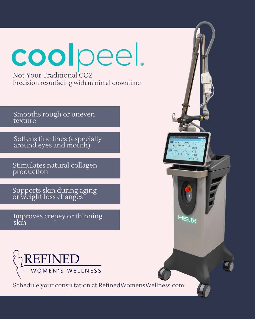CoolPeel is a smarter approach to CO2 resurfacing.

Using controlled, superficial energy, it targets the outermost layers of skin to improve:
&bull; Texture + tone
&bull; Fine lines
&bull; Sun damage
&bull; Overall skin clarity

Without the extended 