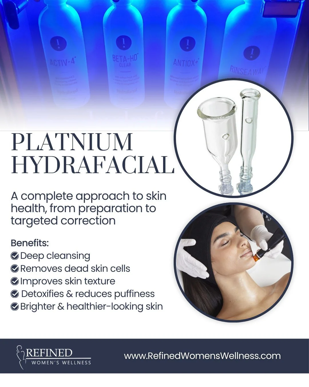 Platinum HydraFacial is designed to go beyond a standard treatment by addressing the skin from the start all the way through to targeted correction.

It begins with Lymphatic Therapy to support circulation and reduce fluid buildup, helping the skin l