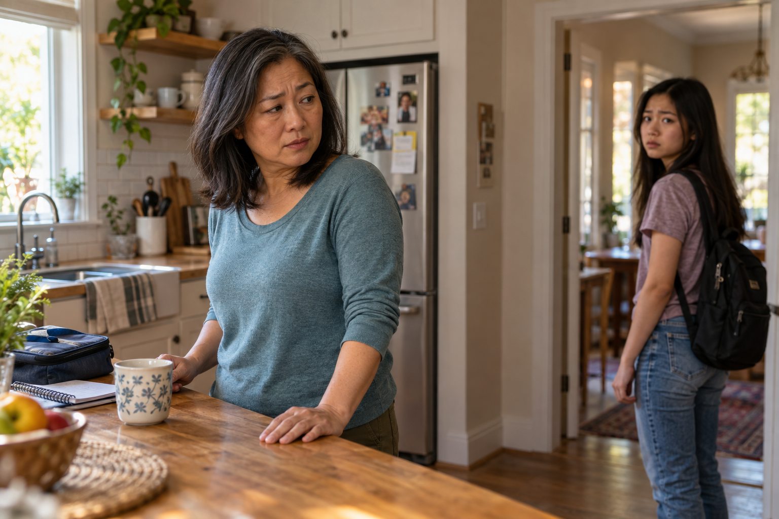 Asian mother looking toward her teenage daughter after a tense exchange, illustrating mood changes during perimenopause.