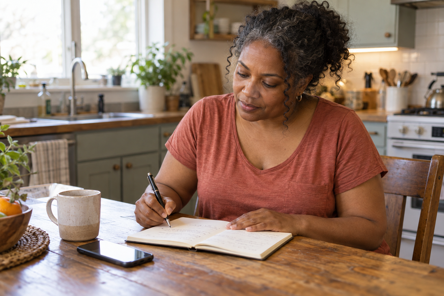 Woman writing symptom notes at her kitchen table, with her phone nearby, before a menopause care appointment.