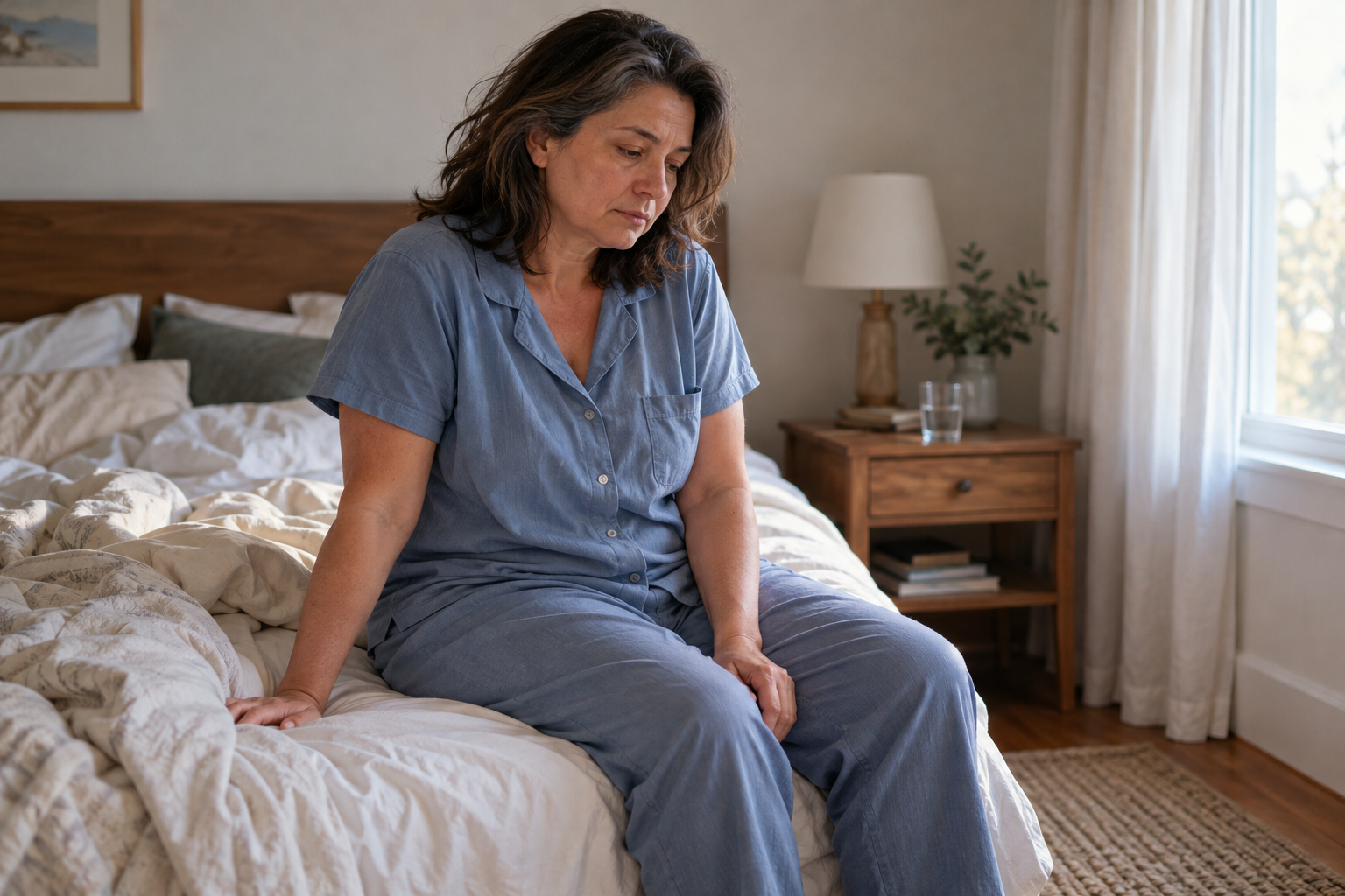 Tired midlife woman sitting on the edge of her bed in morning light, illustrating sleep problems during menopause.
