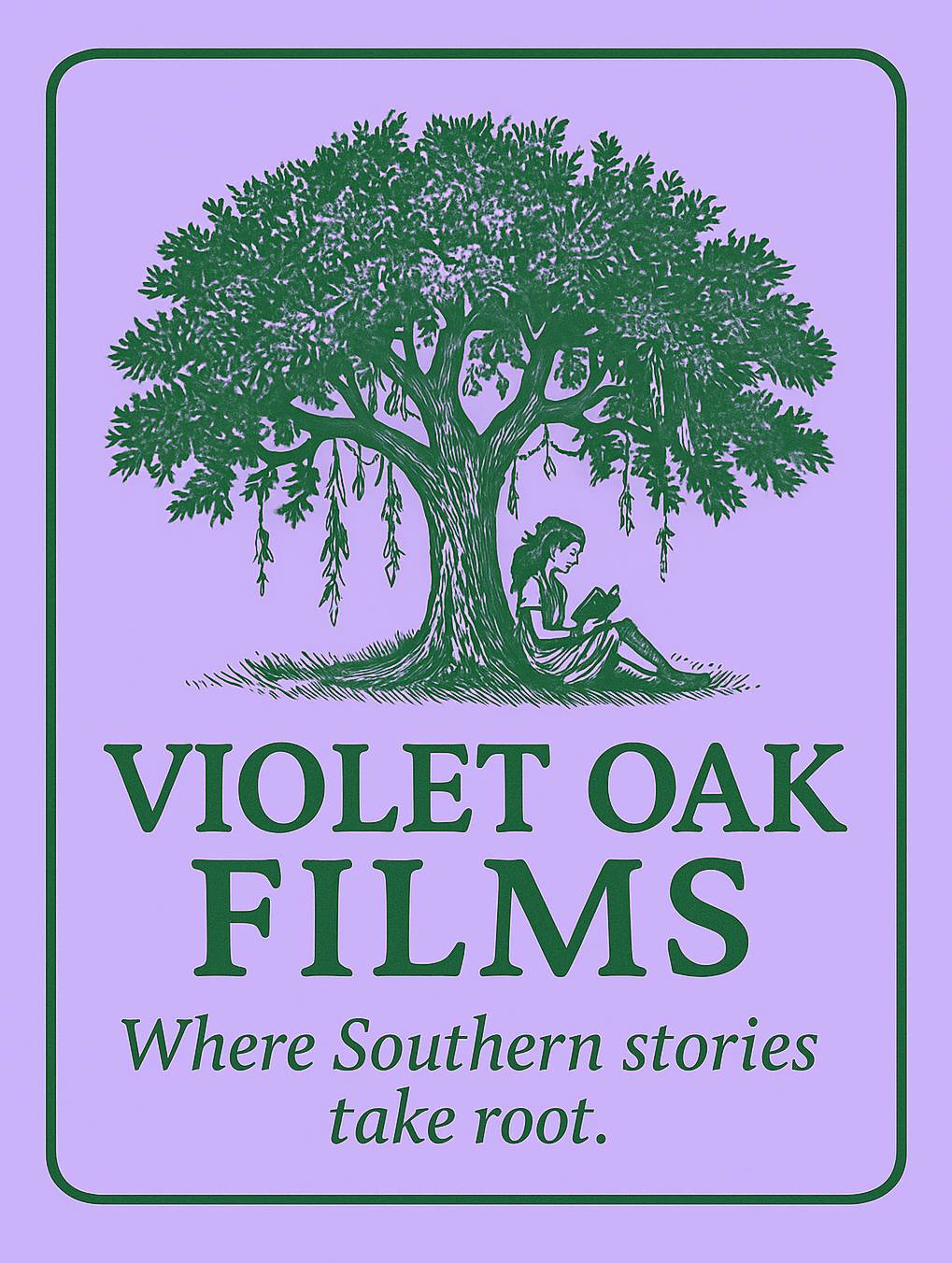 Logo of Violet Oak Films featuring a girl reading under a large oak tree with hanging moss, text says 'Violet Oak Films' and 'Where Southern stories take root.'