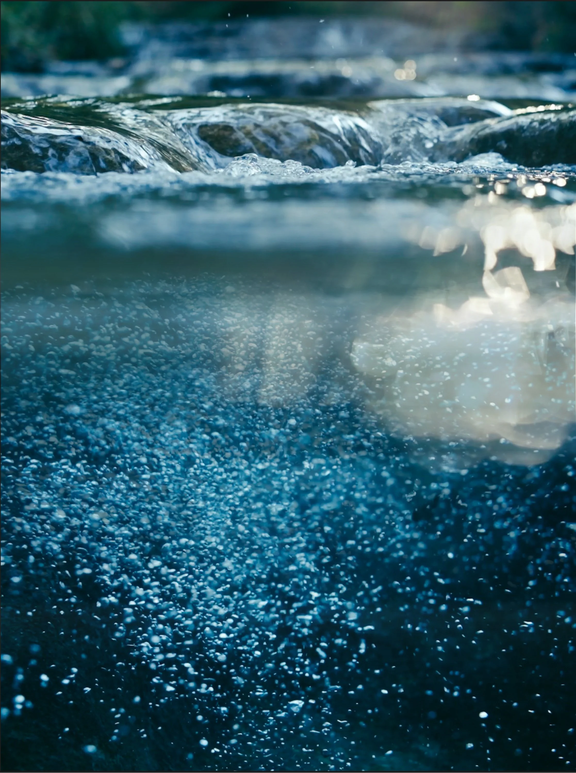 Close-up view of ocean waves with bubbling water underneath, captured in sunlight.