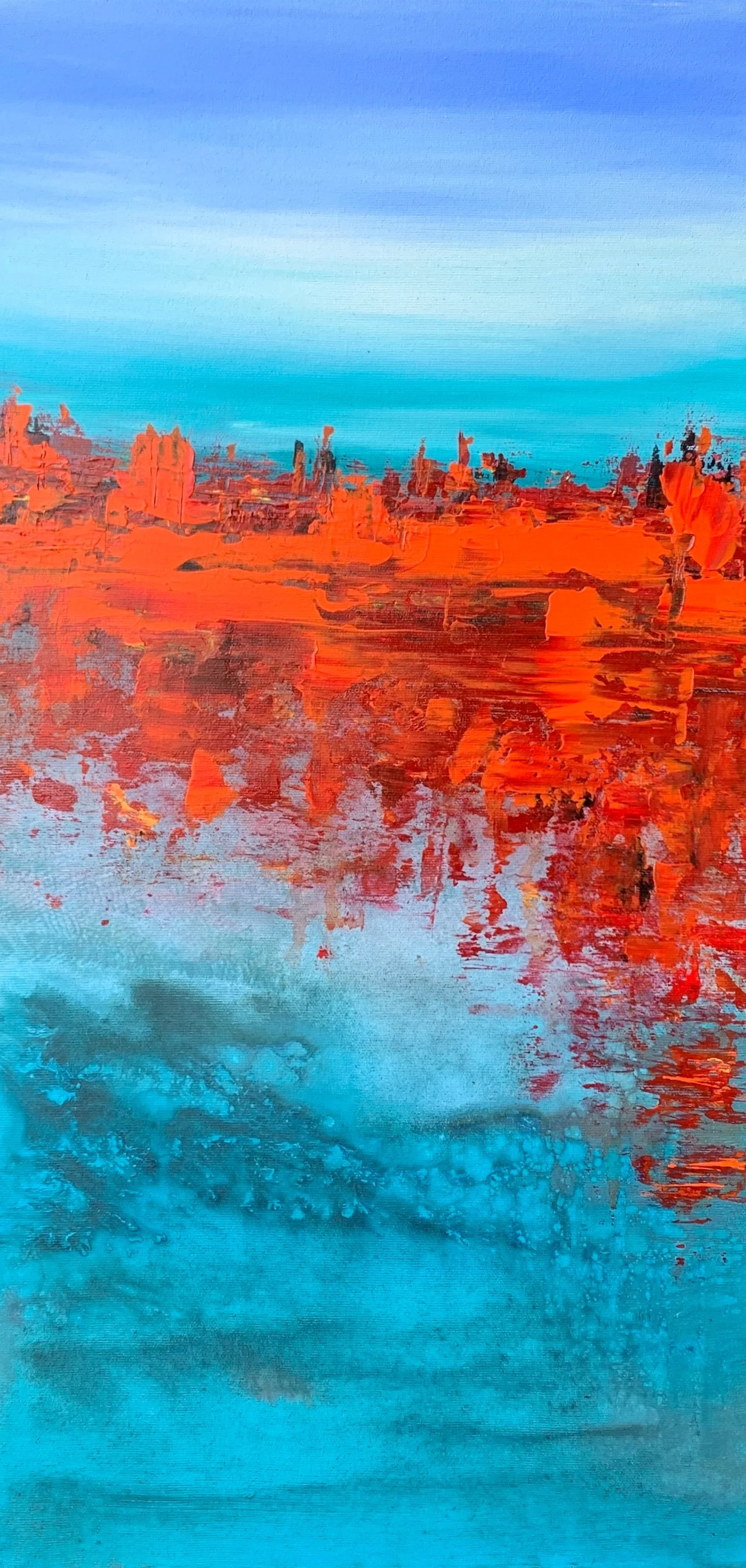 Abstract landscape painting with orange and red structures reflecting on water, under a blue and cyan sky.