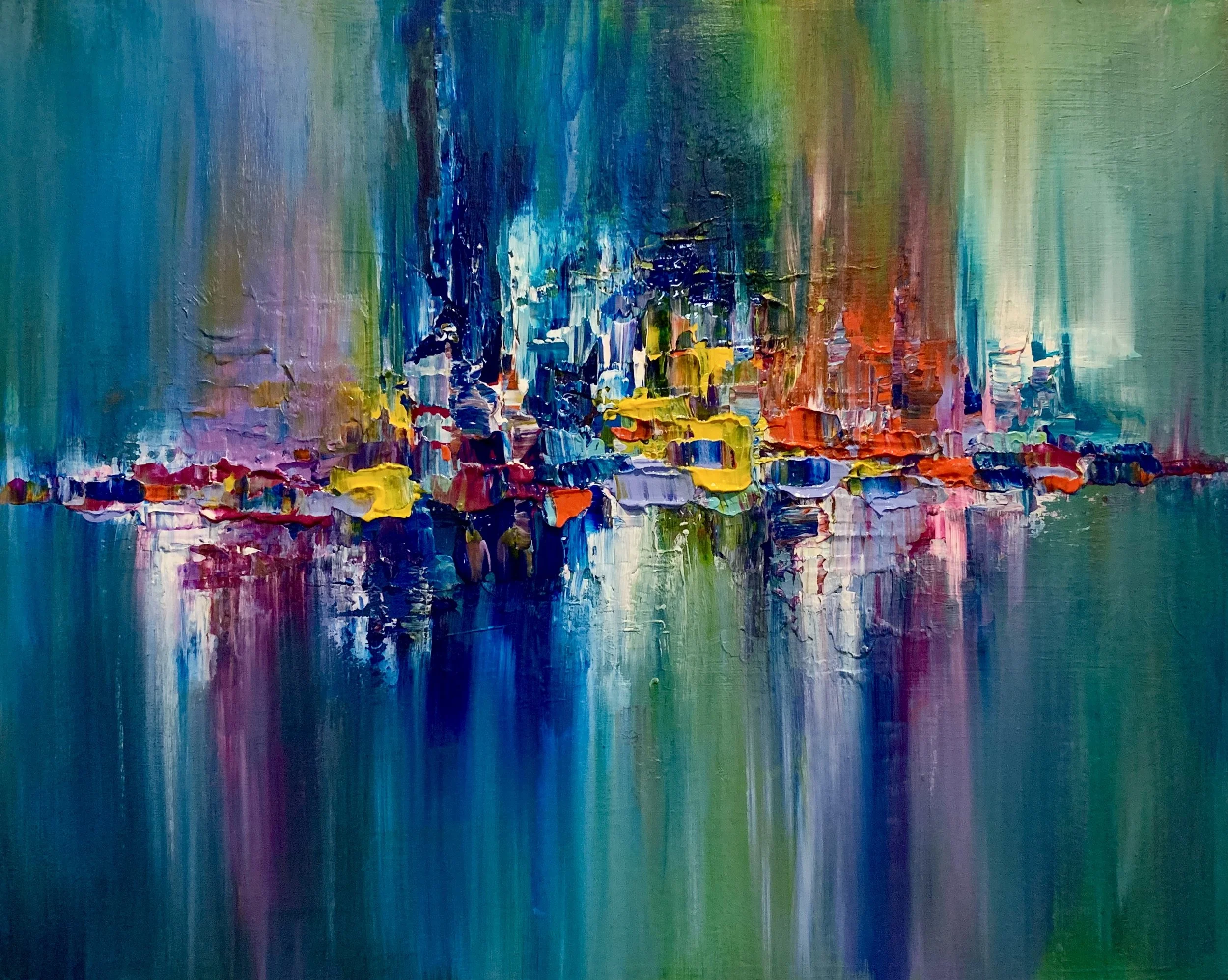 Abstract impressionist painting of a city skyline with colorful buildings reflected in water, using thick, textured brushstrokes in shades of blue, green, yellow, red, and purple.