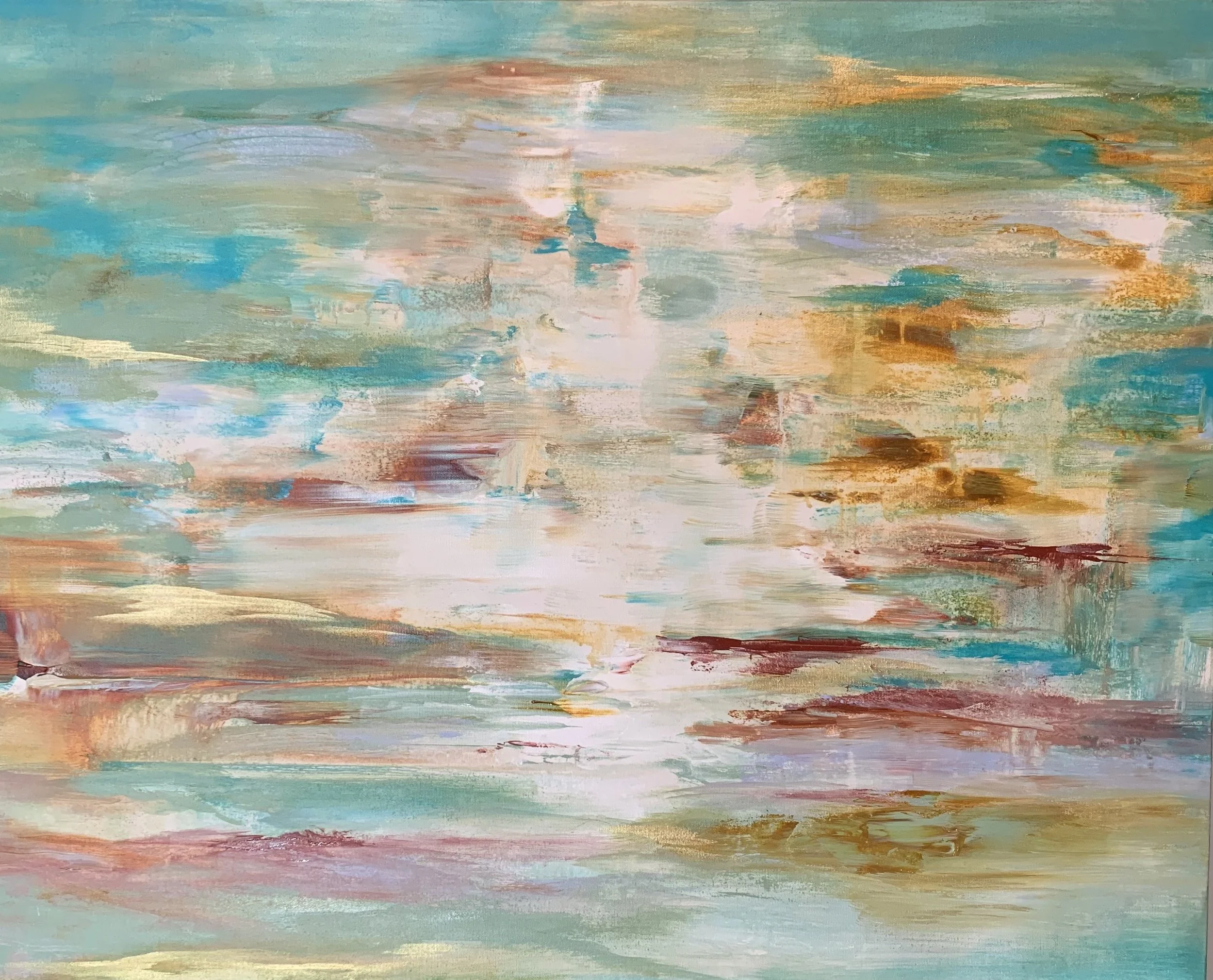 Abstract landscape painting with pastel colors including blue, green, beige, and hints of rust and peach, depicting reflections on water.