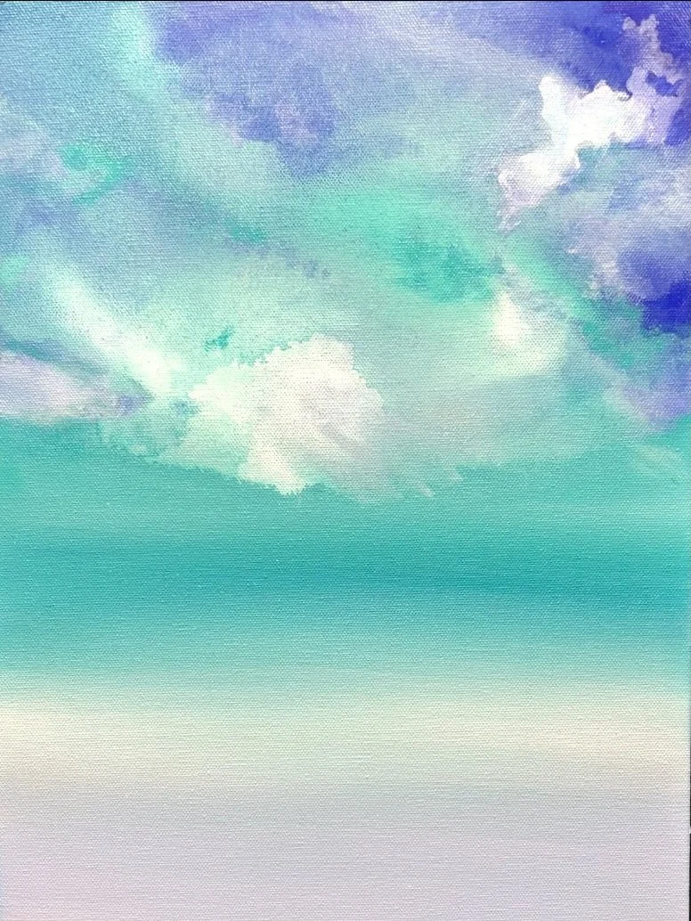 Abstract watercolor painting in shades of blue, teal, purple, and white, resembling a sky or ocean scene.