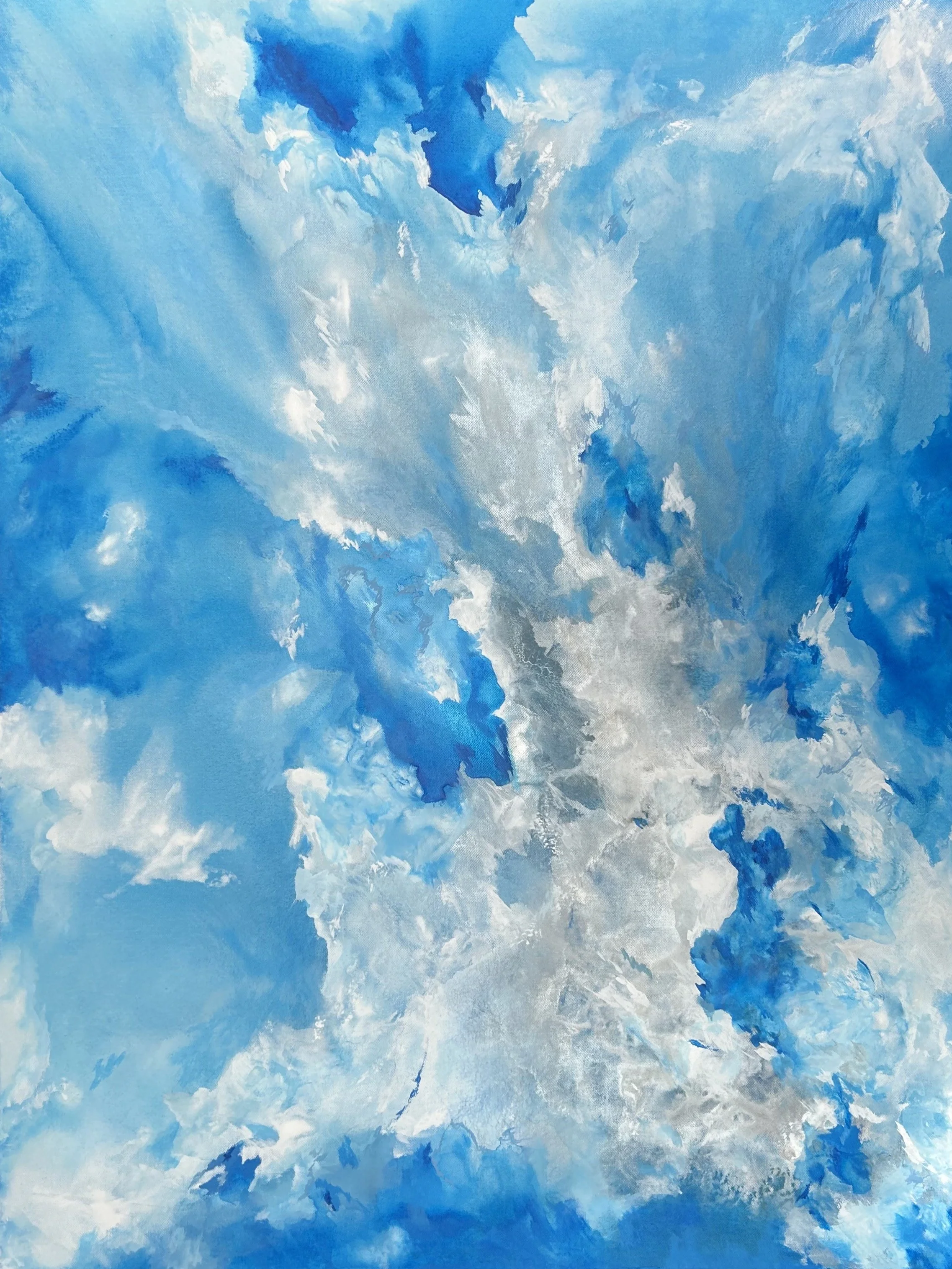 Abstract painting of swirling blue, white, and gray clouds or waves.