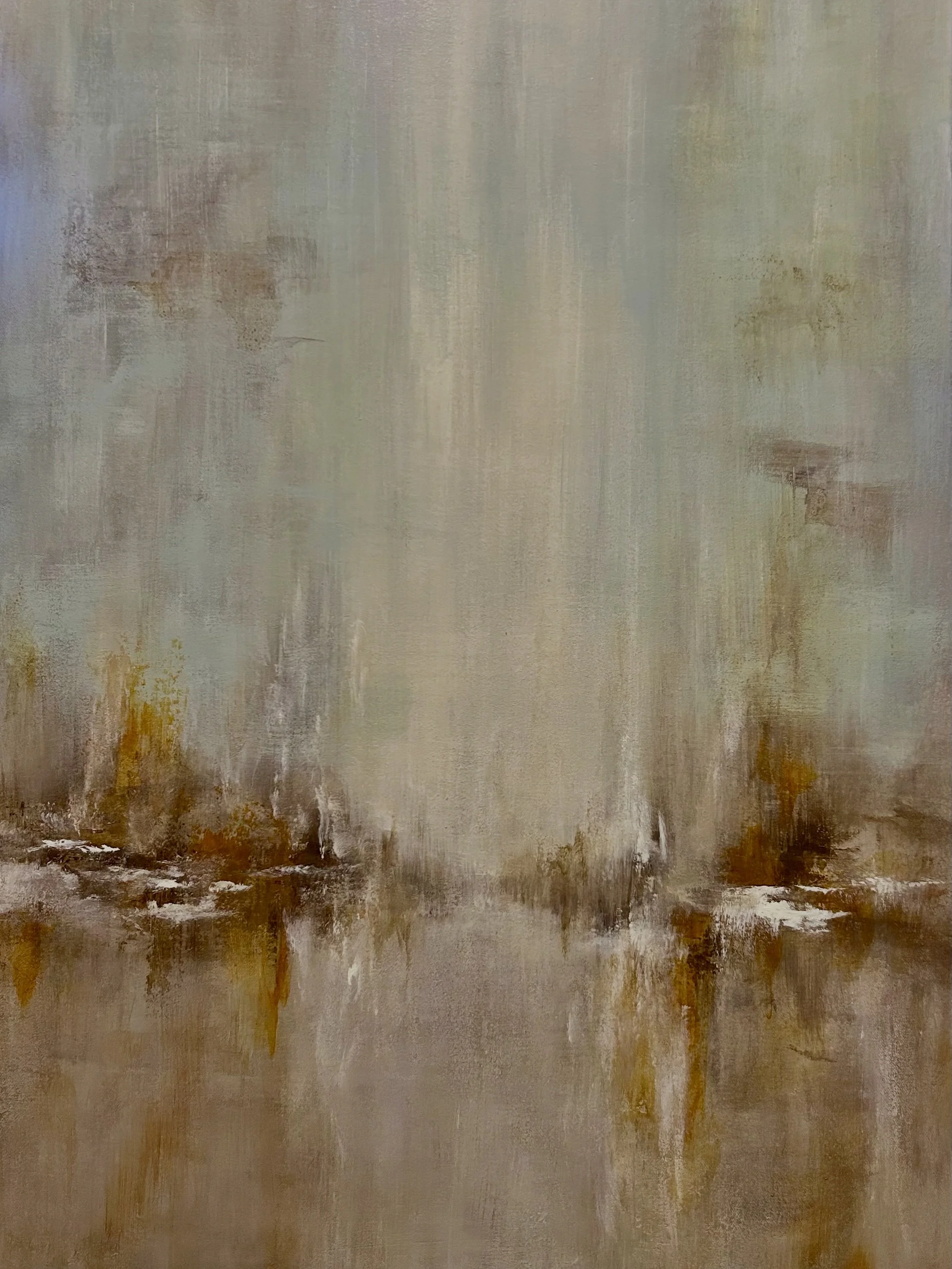 Abstract painting with muted beige, brown, and gray tones, with textured brushstrokes and hints of rust-like colors.