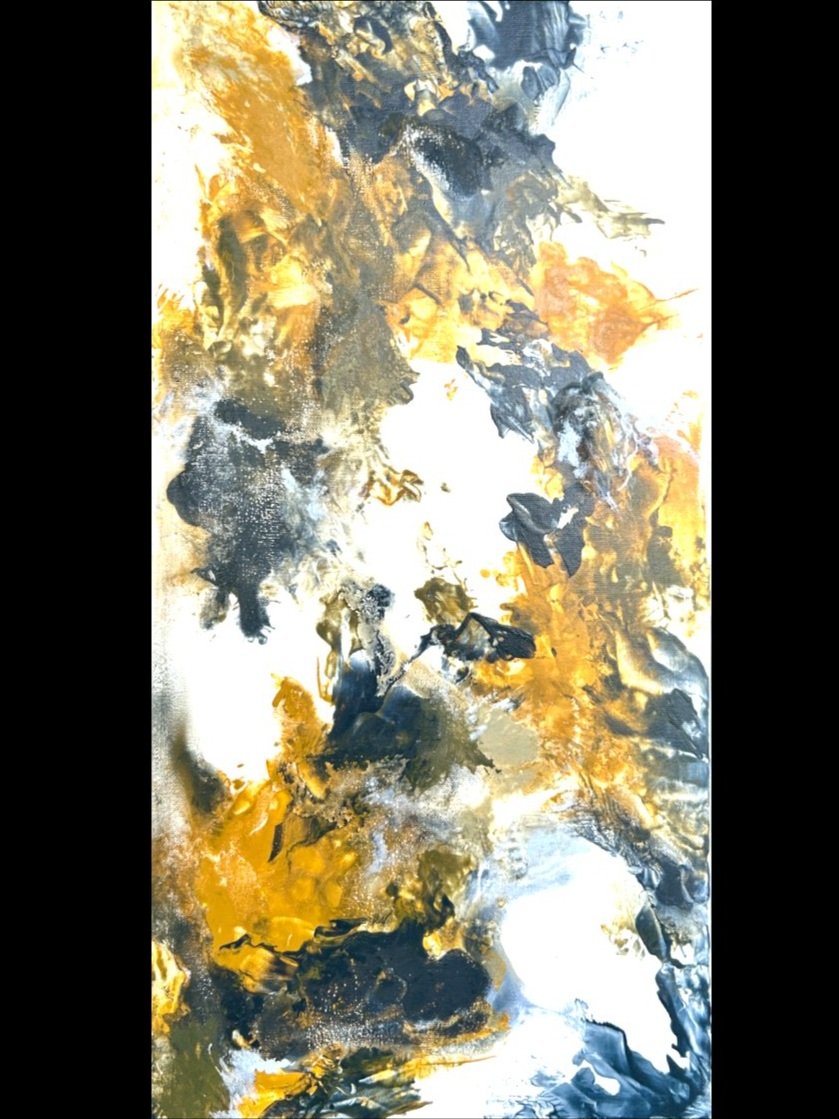 Abstract painting with black, gold, orange, gray, and white splashes and textures.