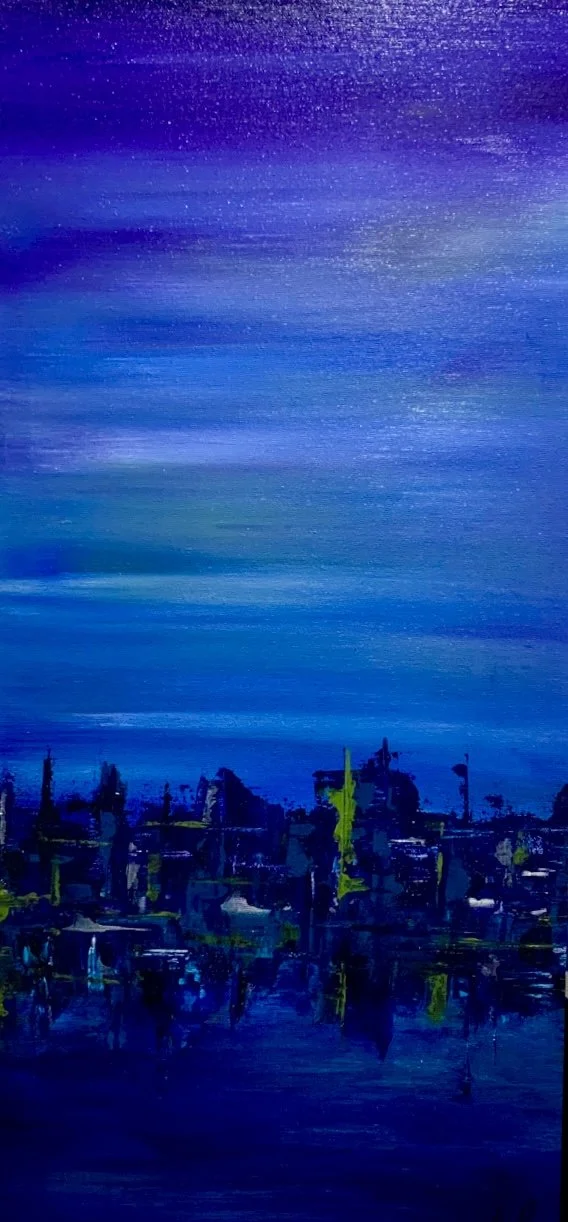 Abstract painting of a city skyline reflected on water with a starry night sky in shades of purple and blue.