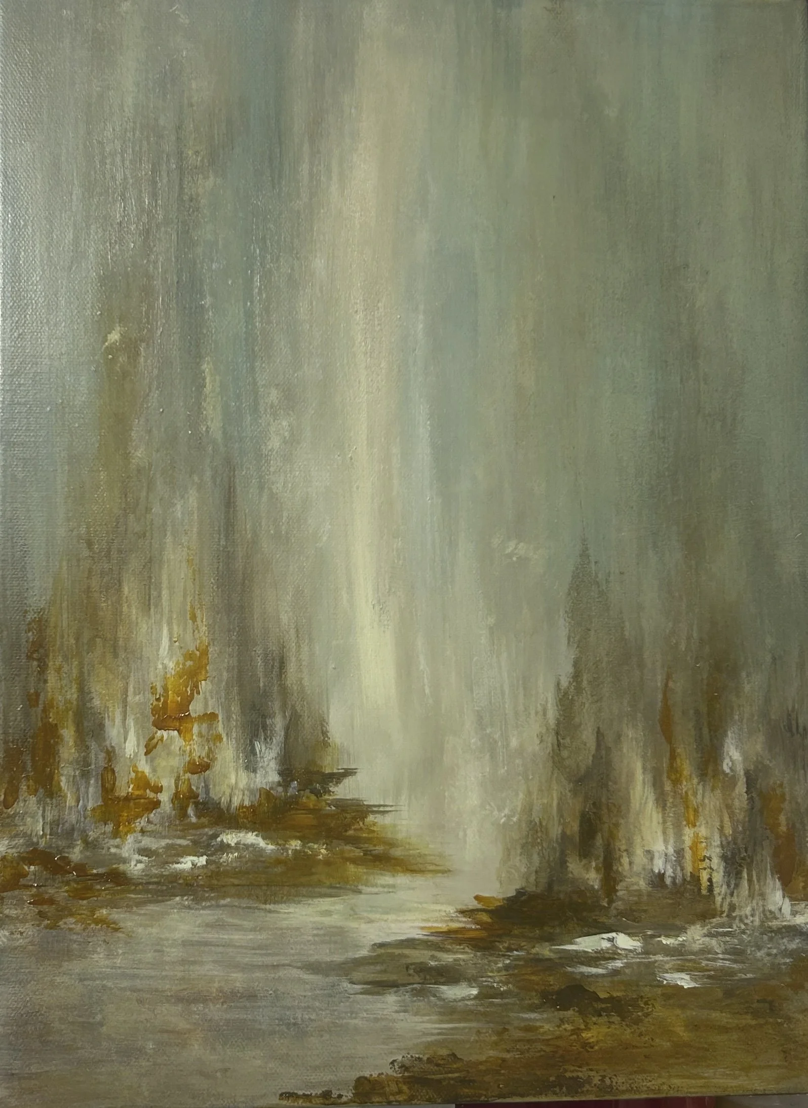 Abstract landscape painting featuring vertical streaks of muted green, cream, and brown tones, suggesting waterfalls or rain in a misty environment.