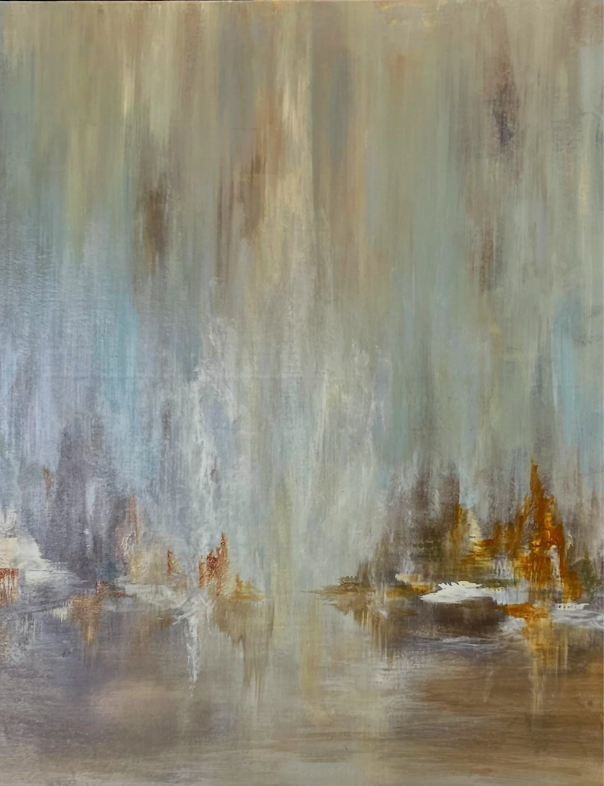 Abstract landscape painting featuring water reflections, trees, and a soft, muted color palette with browns, greys, blues, and greens.