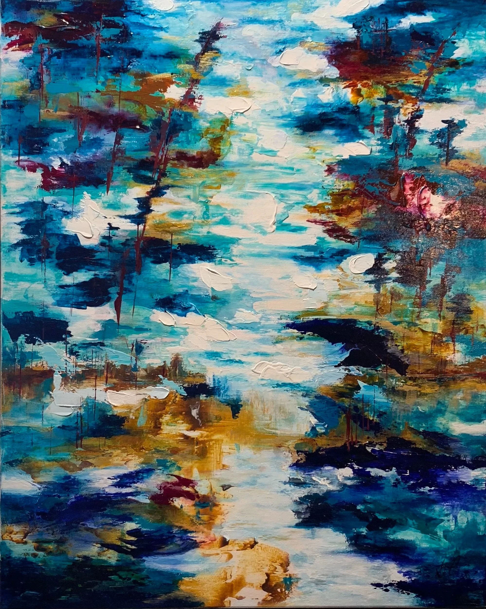 An abstract impressionist painting depicting a colorful landscape with blue, teal, white, brown, and pink hues, resembling a water scene with reflections and trees.