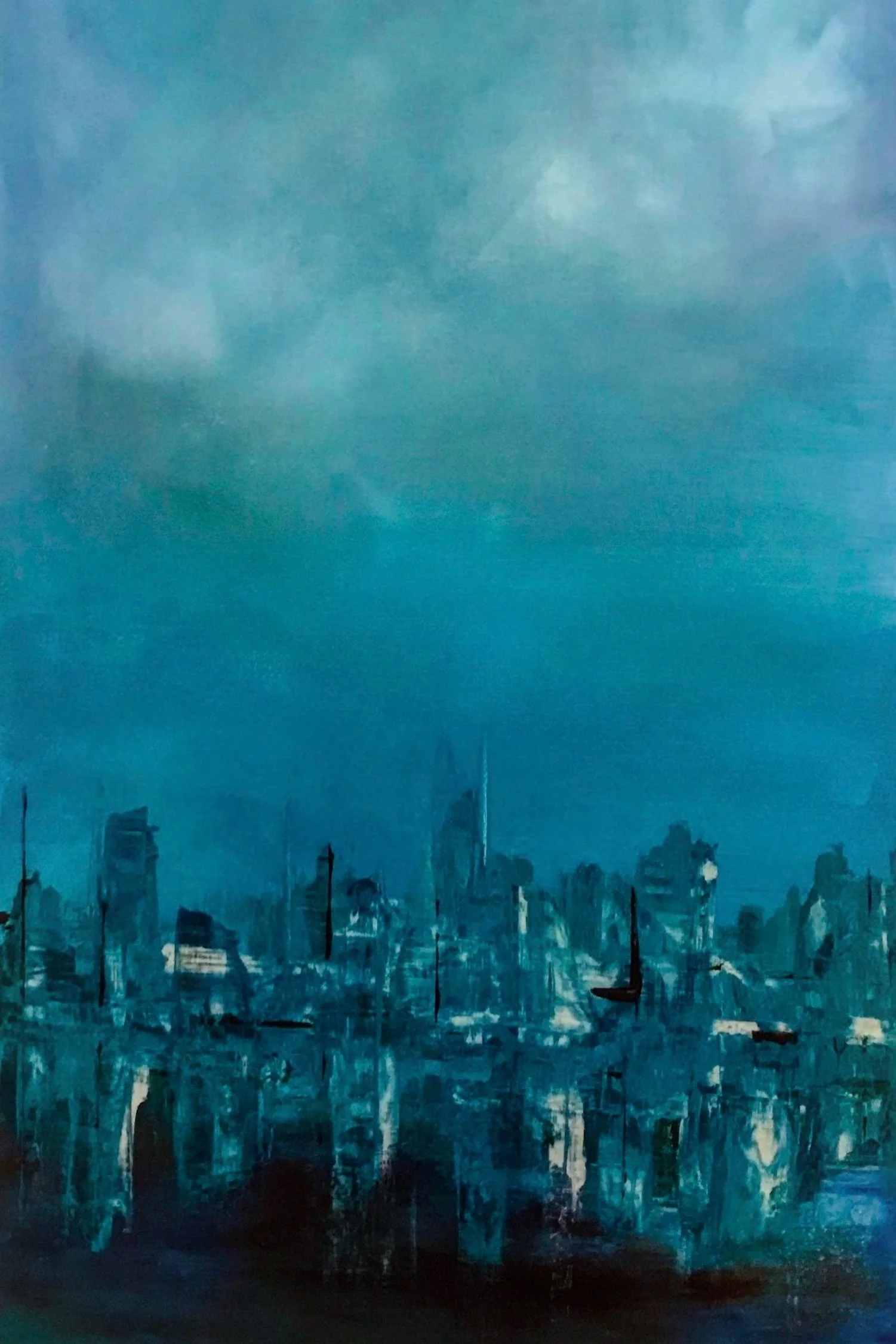 A city skyline painted in shades of blue with tall buildings and boats on the water under a cloudy sky.
