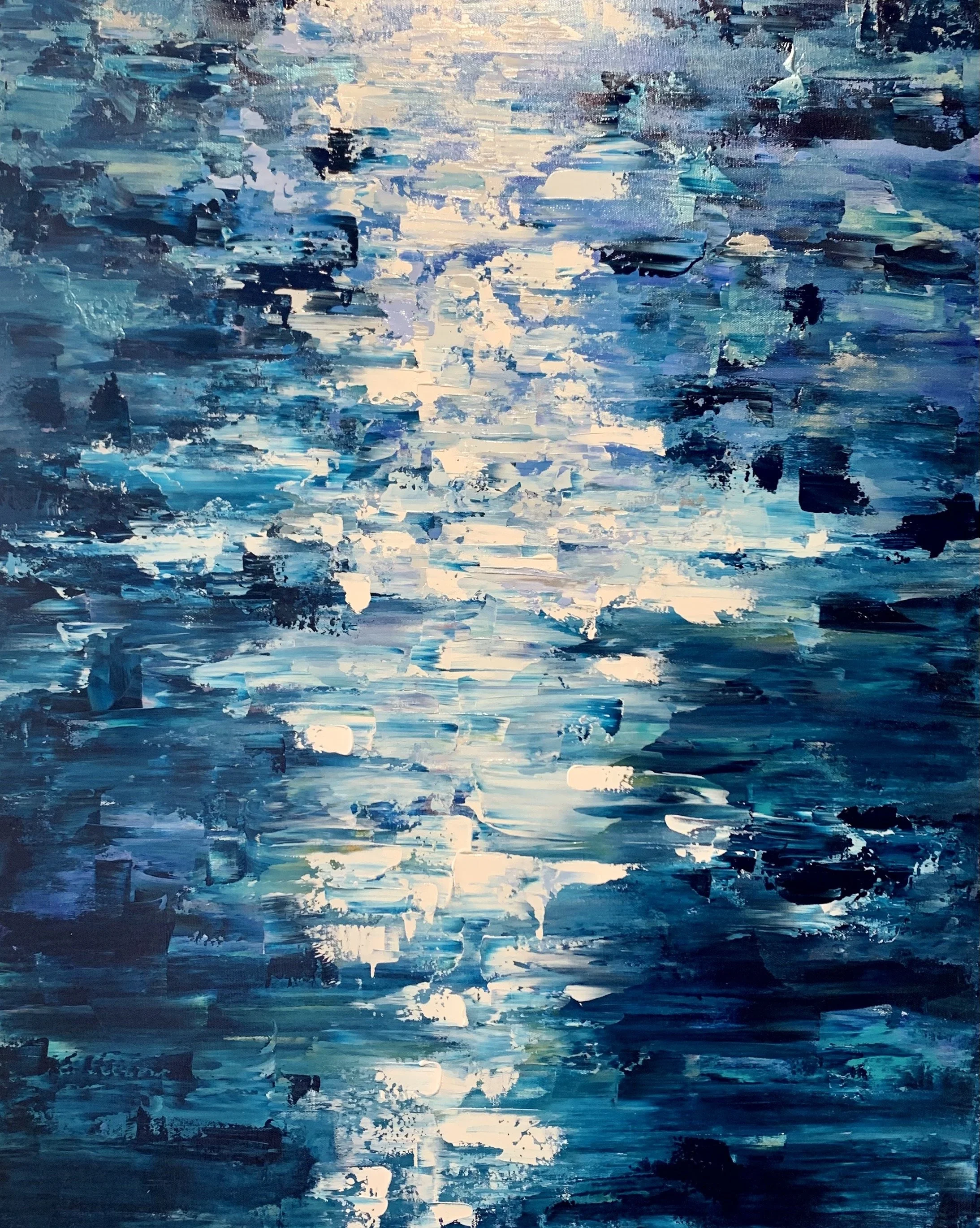 Abstract painting with various shades of blue, white, and hints of black, created with bold, textured brushstrokes.