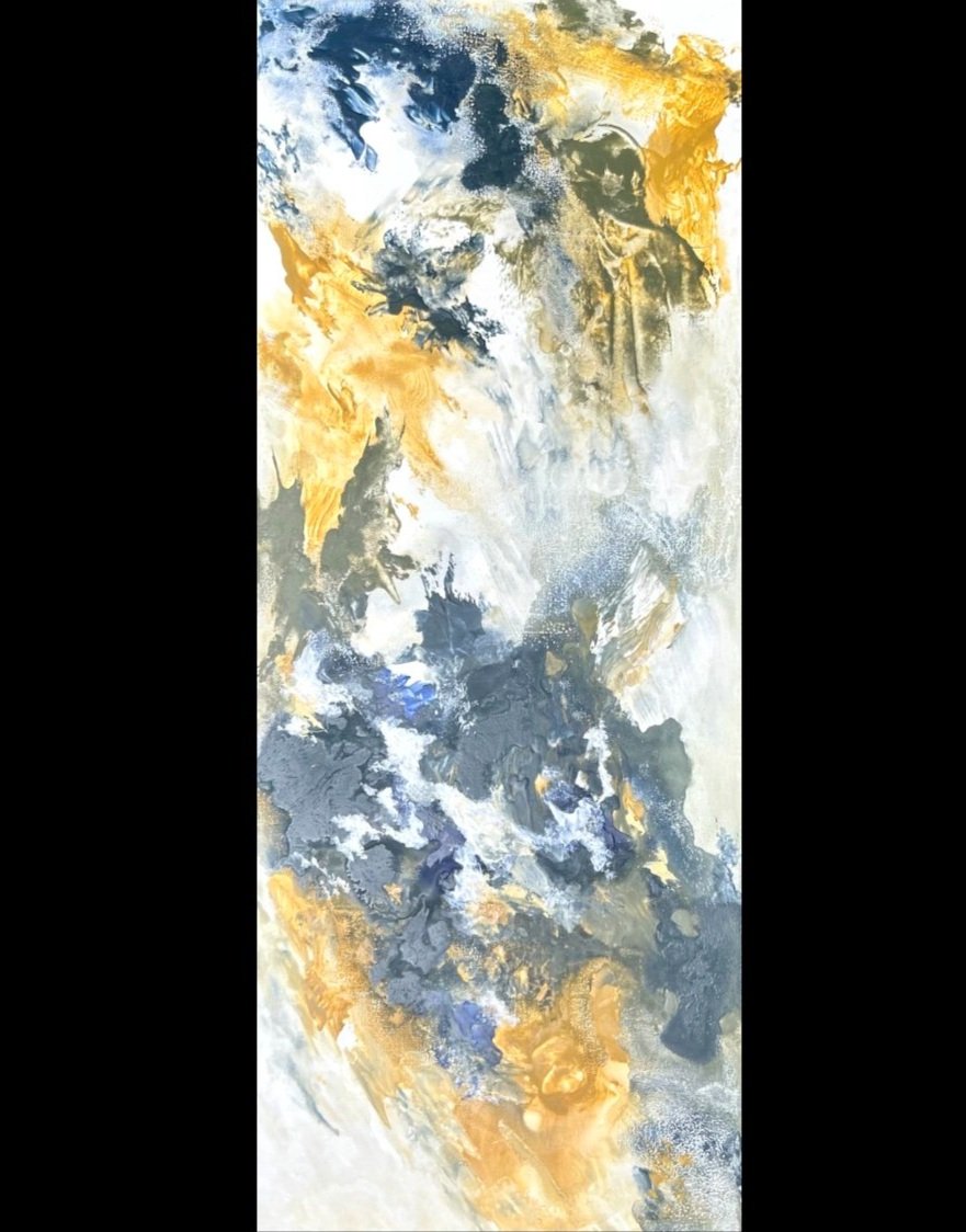 Abstract painting with swirling patterns in shades of blue, gold, black, and white.
