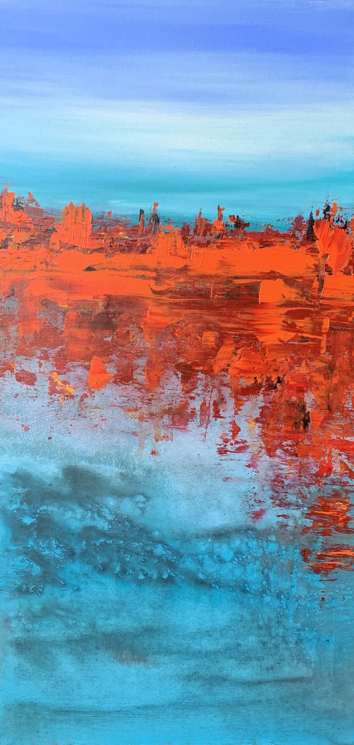 Abstract landscape painting with orange and red formations against a blue sky and water, featuring textured brushstrokes.