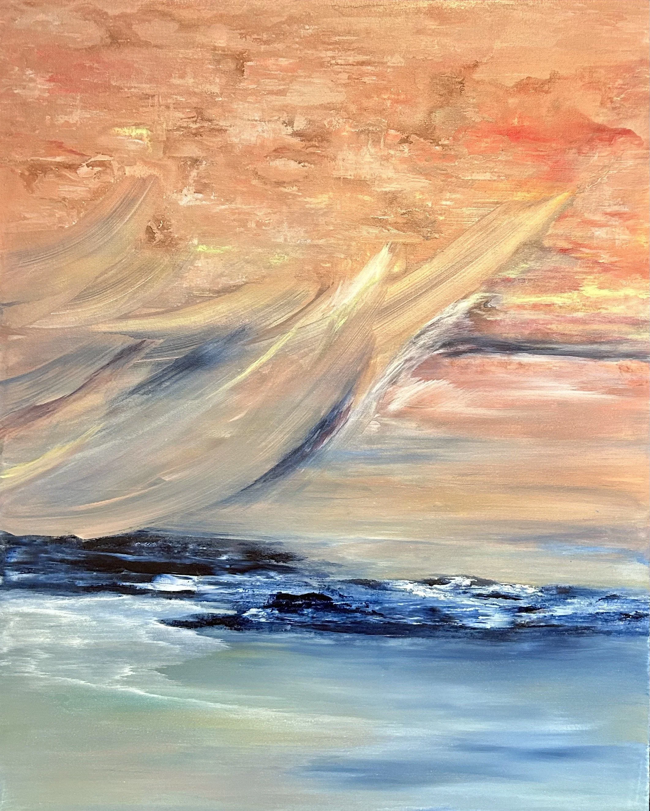 Abstract painting depicting a sunset over water with warm pink, orange, yellow, and cool blue tones.