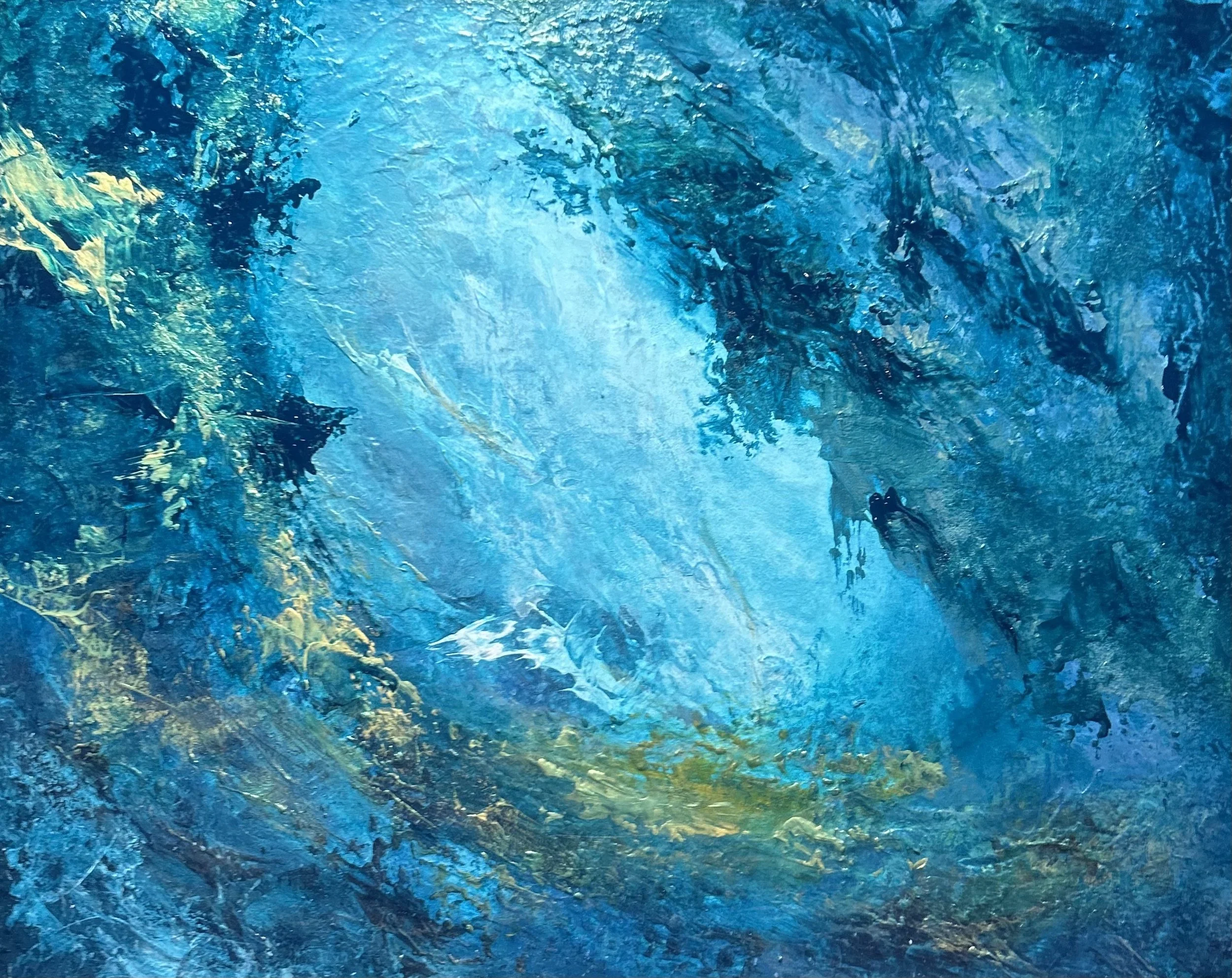Abstract painting with various shades of blue, green, and yellow, creating a swirling, textured pattern.