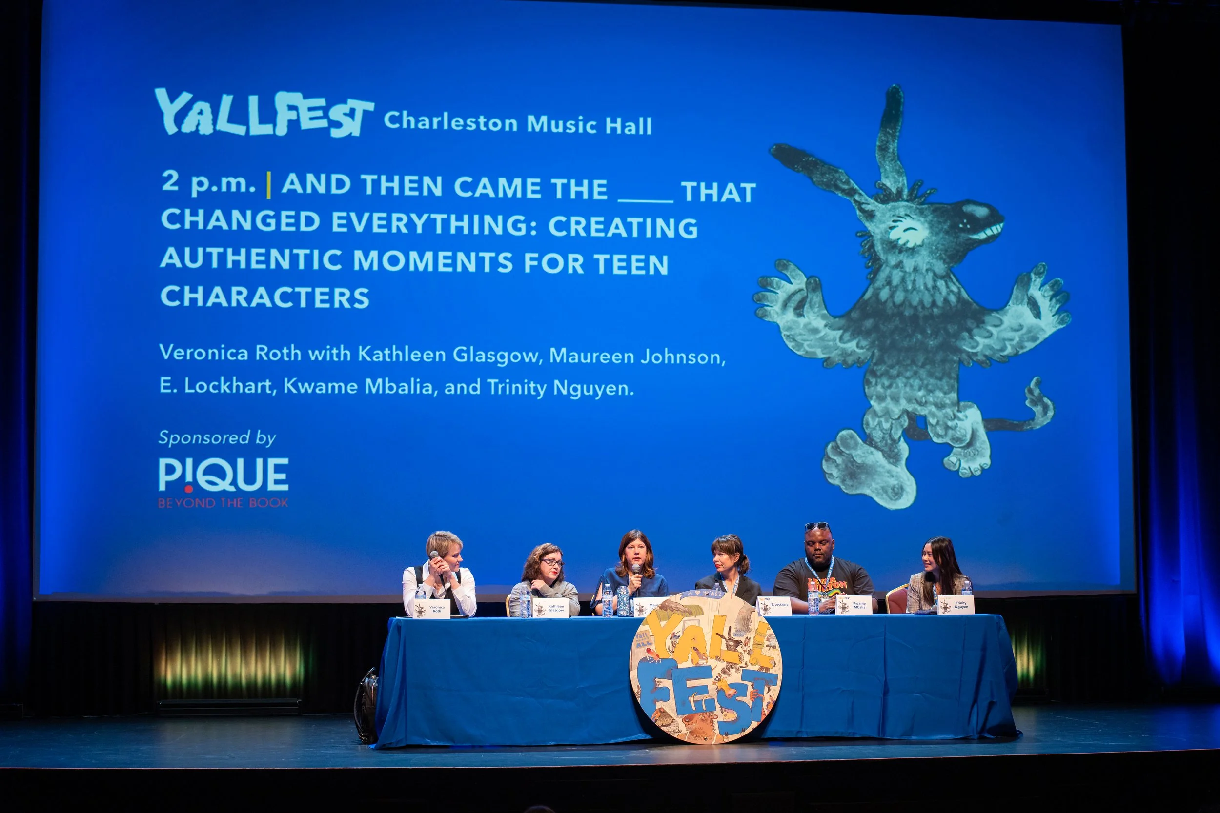 Authors at a panel--Veronica Roth, Kathleen Glasgow, Maureen Johnson, E Lockhart, Kwame Mbalia, and Trinity Nguyen