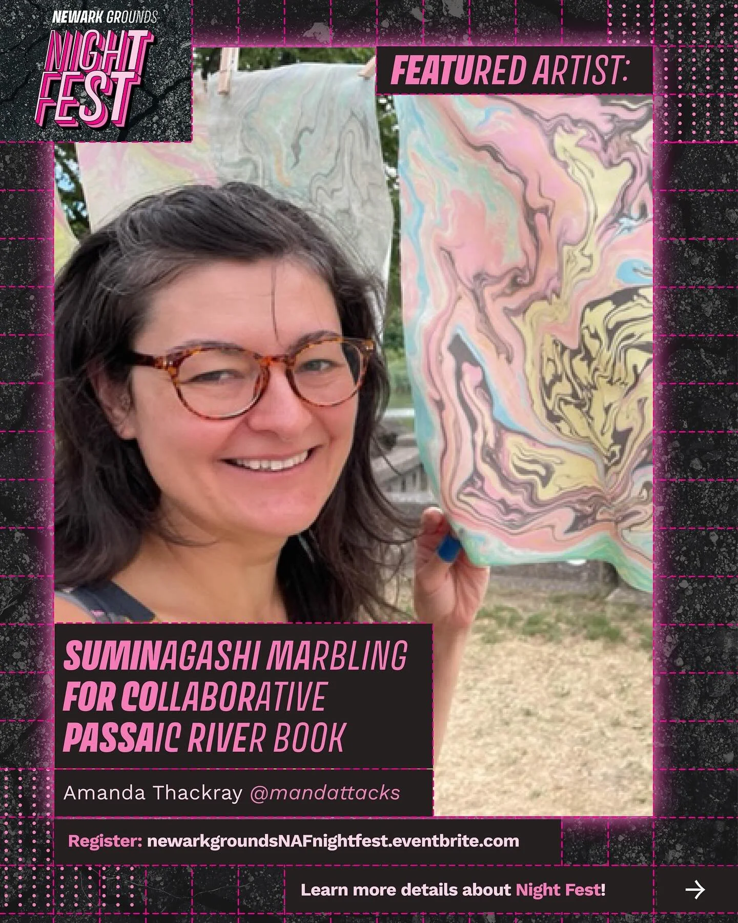 π NEWARK GROUNDS NIGHT FEST FEATURED ARTIST HIGHLIGHT β¨ Suminagashi marbling for collaborative Passaic River Book (@mandattacks) ππΌοΈ
Participants will be creating suminagashi (marbled paper) to add to a community-created collaborative book about