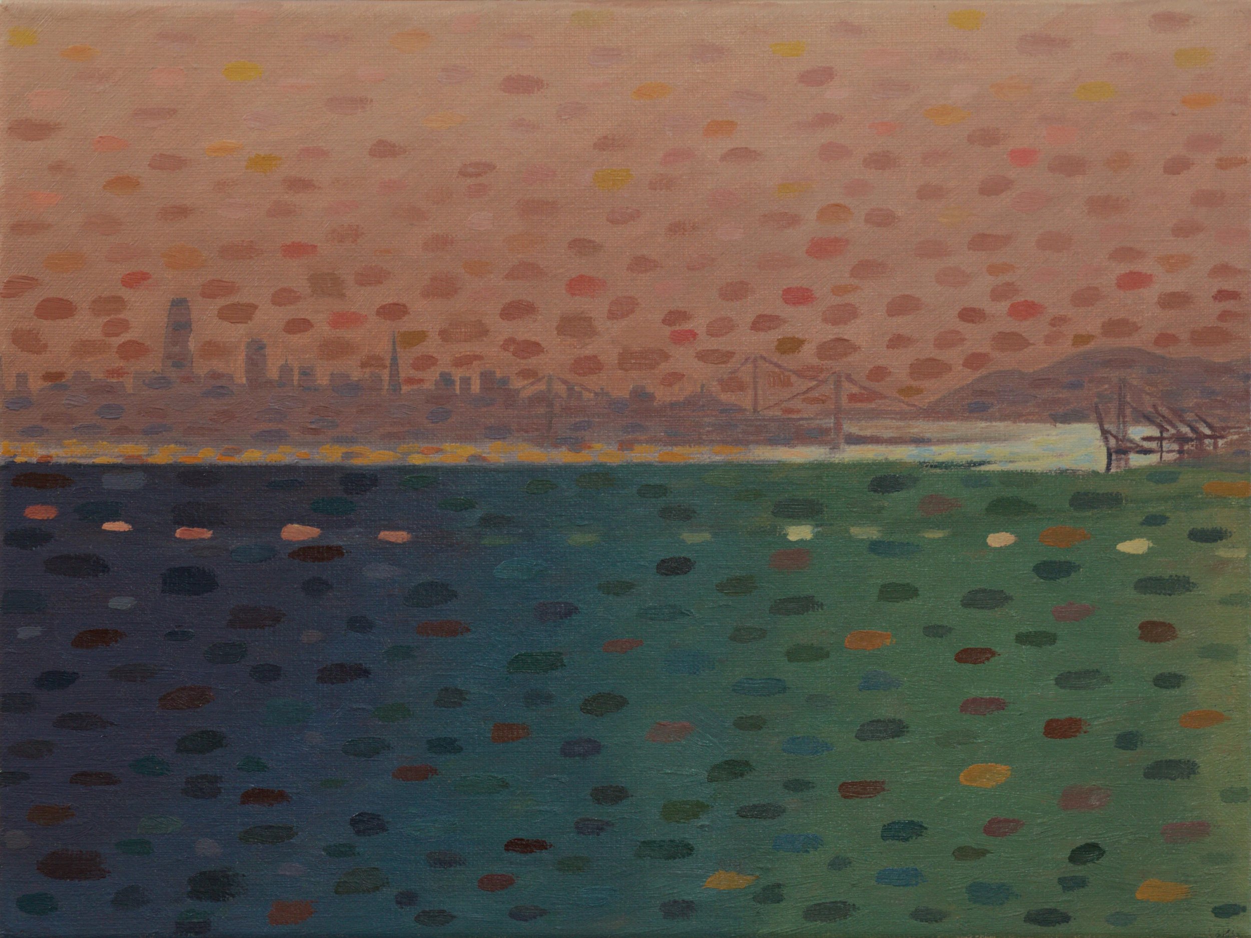 Arrangement in Peach, Blue, and Green: Sunset over San Francisco, 2026. Oil on linen, 12"x16"