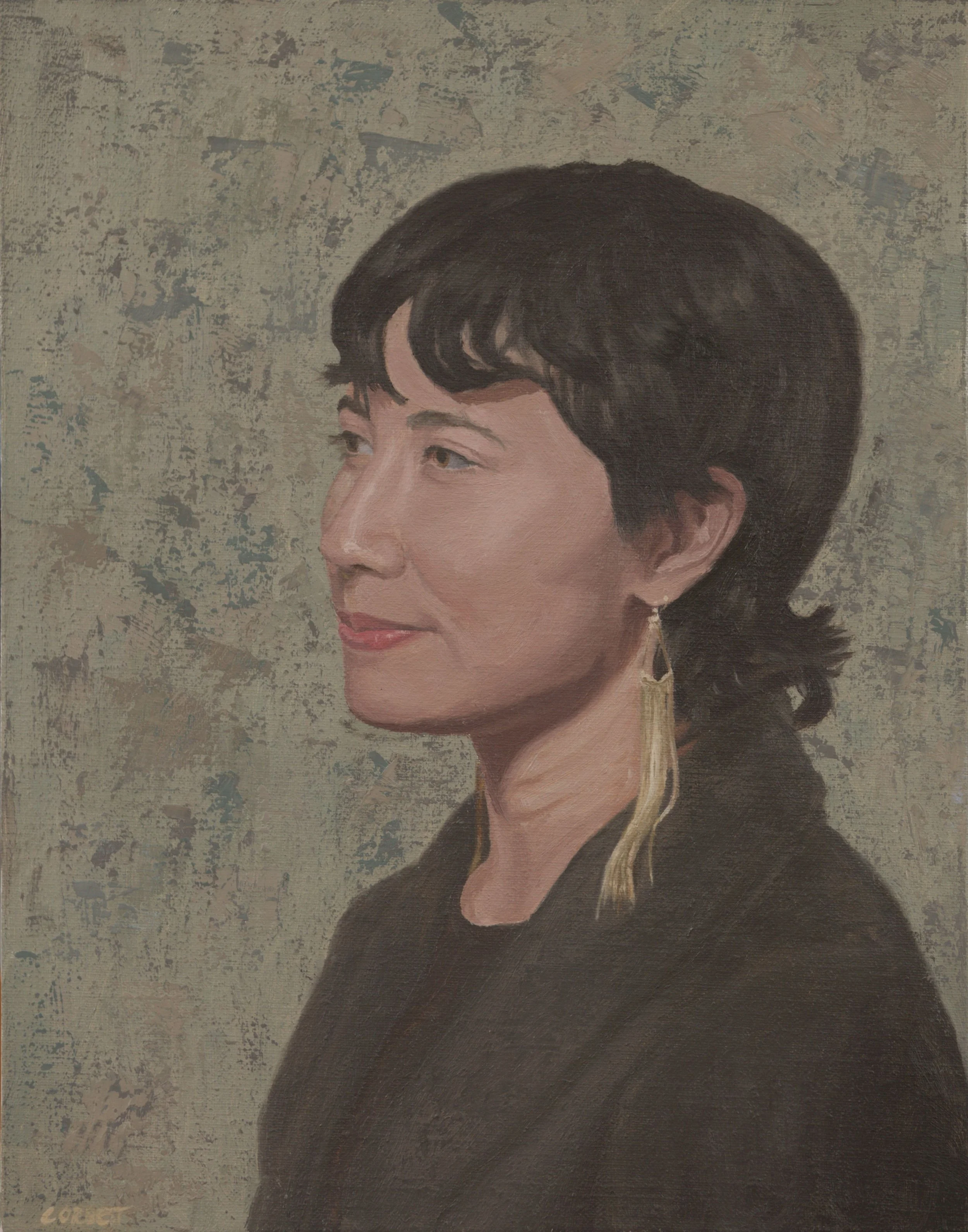 Doctor Jessa Culver in Green, 2026. Oil on linen panel, 14"x11"