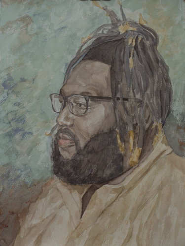 Warren Thimothe, Philosopher, in Green and Gold, 2026. Watercolor on paper, 16"x12" 