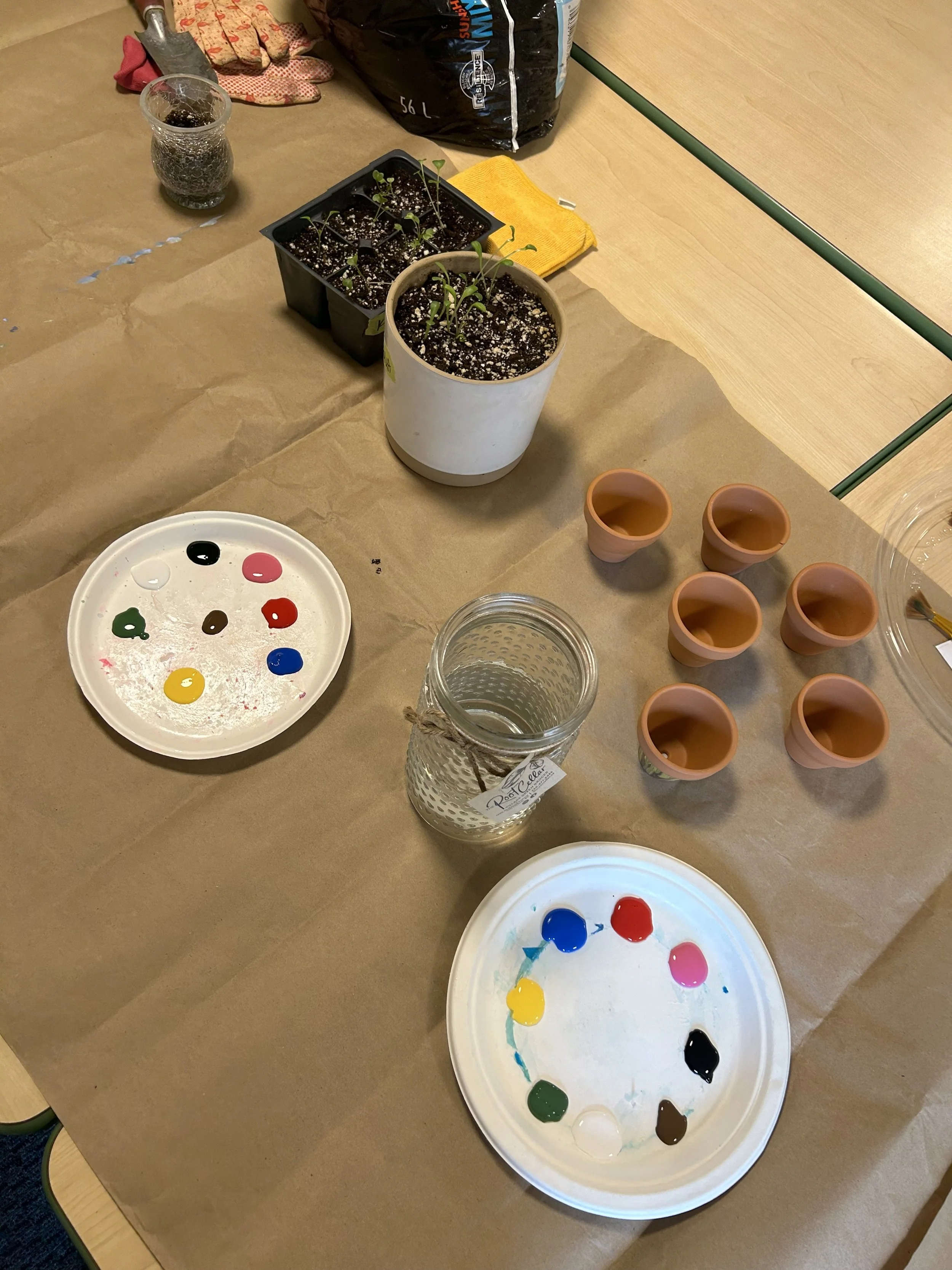 Table with pots of seedlings, paint palettes with mixed colors, a jar labeled 'Rustic', and small terracotta cups, indicating gardening and painting activities.
