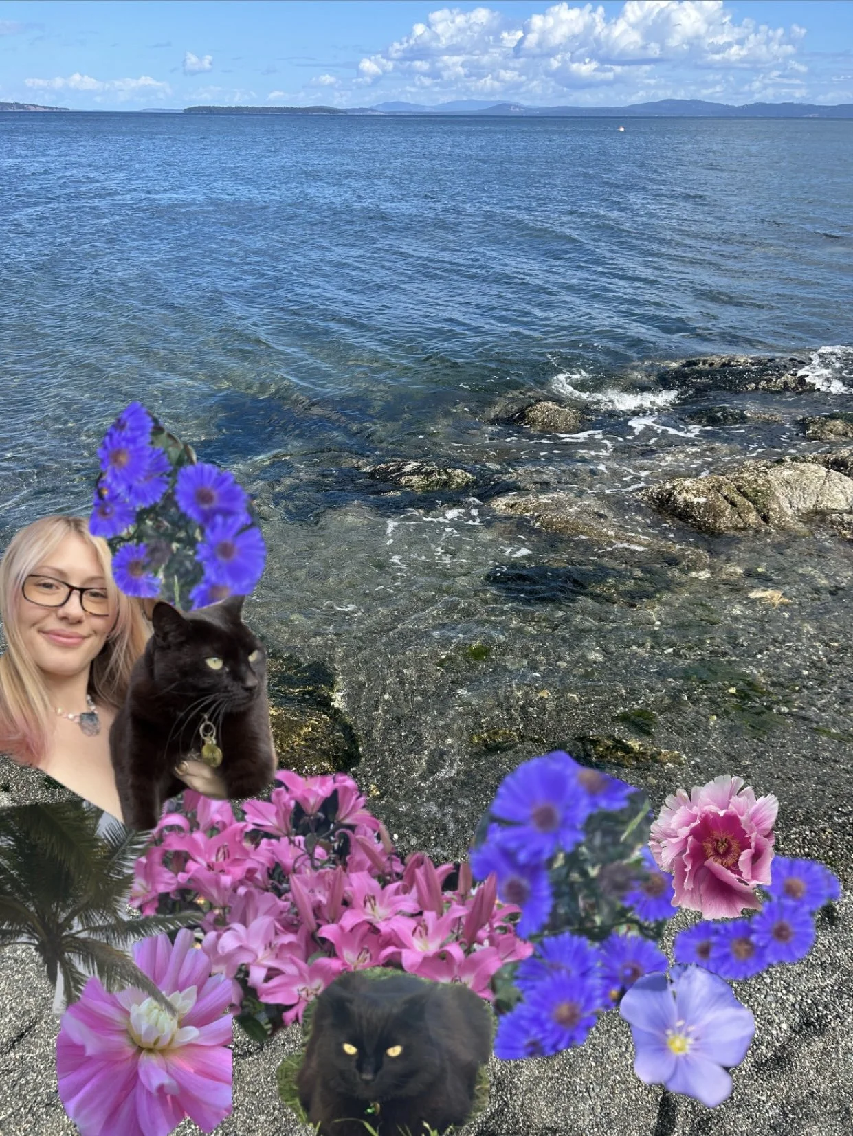 A scenic view of the ocean with rocky shoreline, distant islands, and a partly cloudy sky. In the foreground, there is a cutout of a woman with glasses, a black cat, and vibrant colorful flowers including purple, pink, and blue blooms.