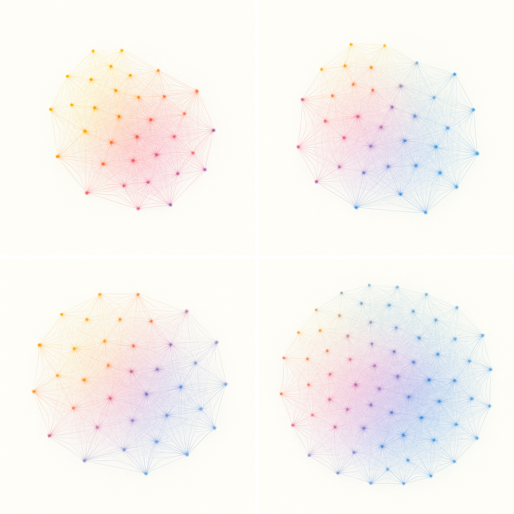 Four colorful network graphs with interconnected nodes, displayed on a white background, with variations in node color and arrangement.