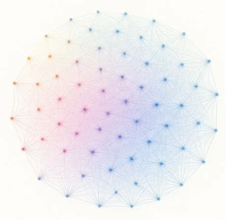 A network diagram with interconnected nodes in a gradient of colors from red and pink to blue and purple.