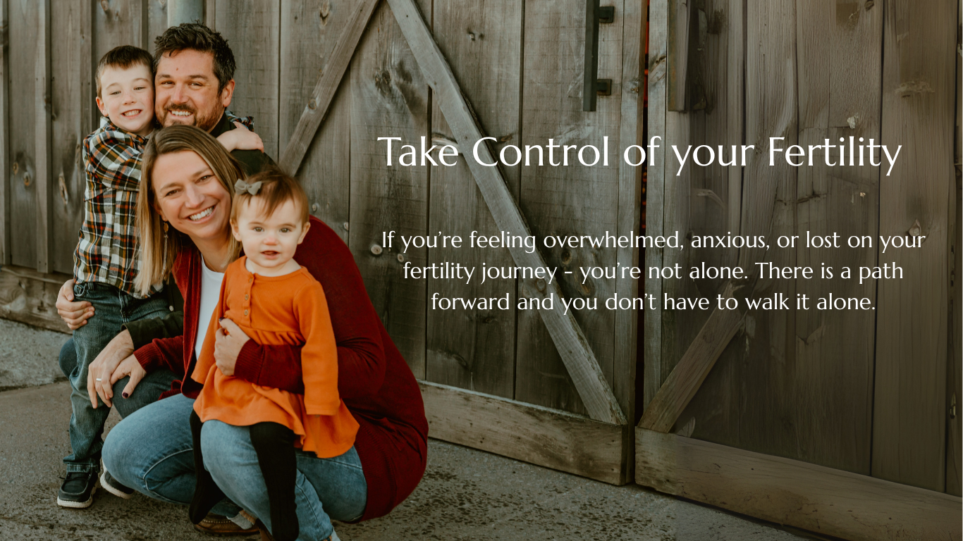 A happy family of four outside, consisting of a man, woman, and two young children, smiling and embracing each other in front of a wooden fence. Overlay text reads, "Take Control of your Fertility."