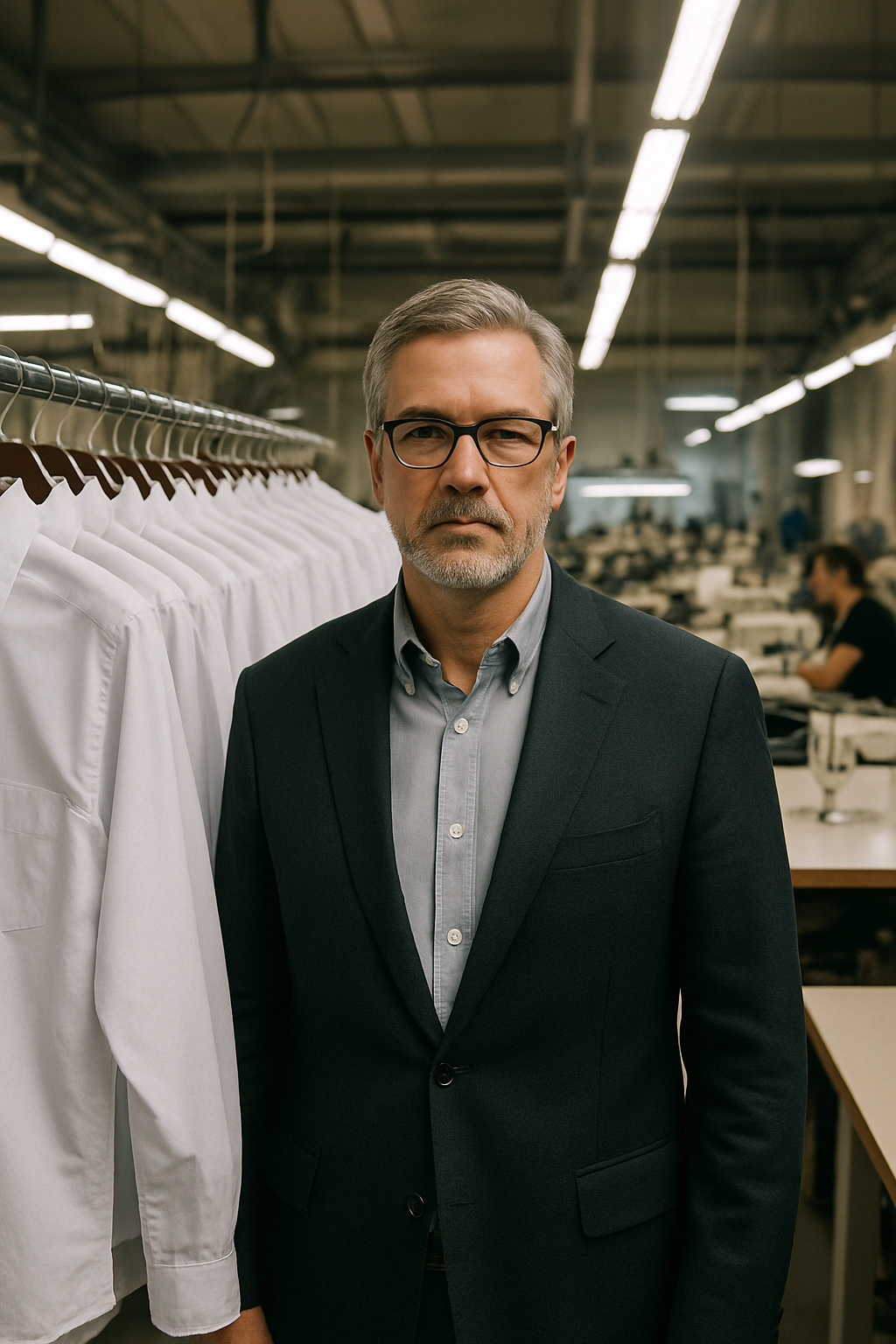 Hombre de cabello gris y barba, usando gafas y traje oscuro, en un entorno de taller o fábrica, con camisas blancas colgadas a su lado.