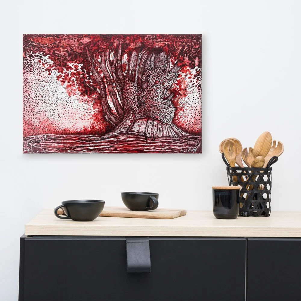 "A Quiet Accord" is an intricate, one-of-a-kind mixed-media painting by contemporary Cheshire artist Ladan Nouhani. This artwork is a profound meditation on glorious coexistence—a state where different elements can grow together in ha