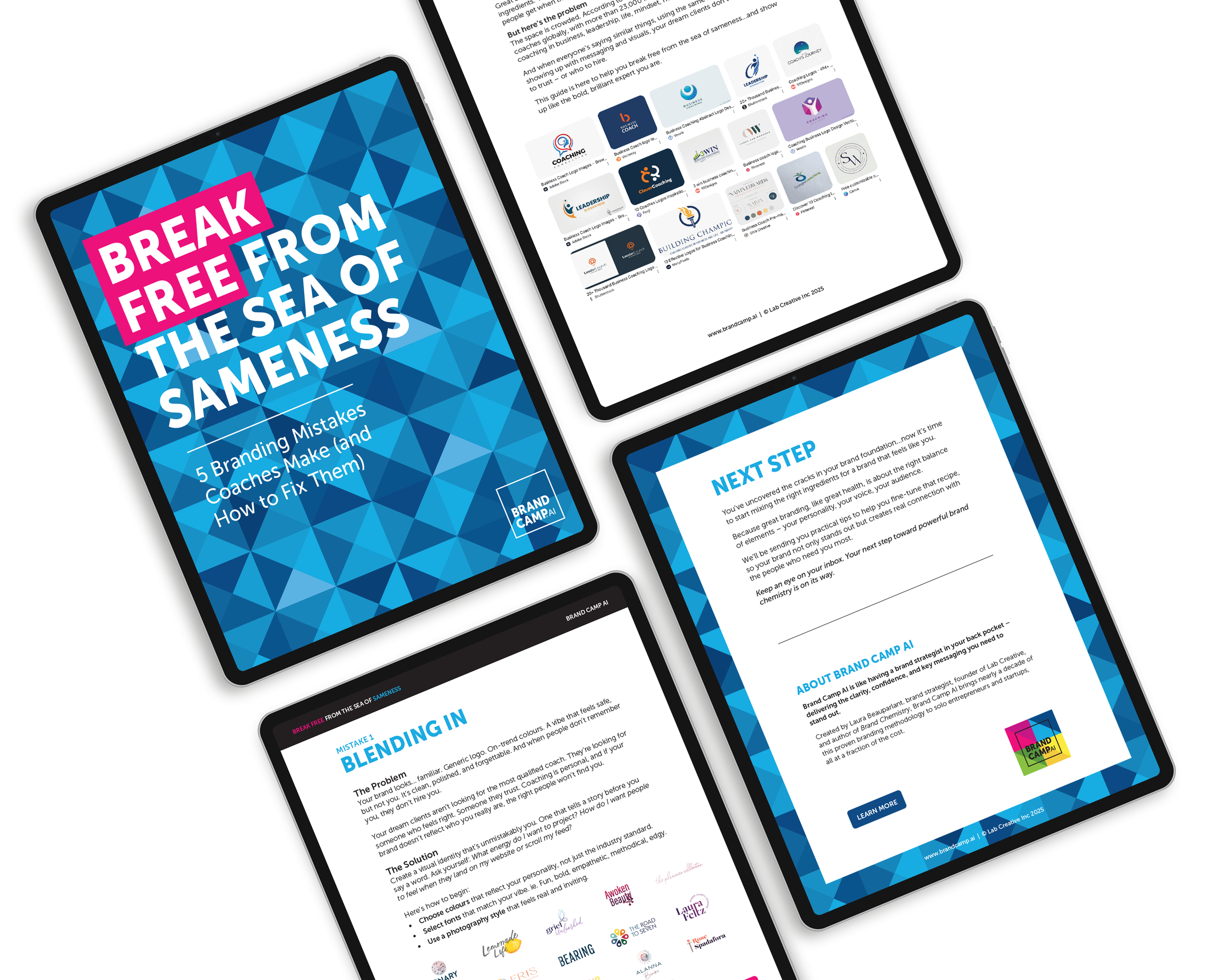 Set of three tablets with branding materials for a workshop titled 'Break Free from the Sea of Sameness,' featuring blue geometric backgrounds, workshop information, and colorful logos.