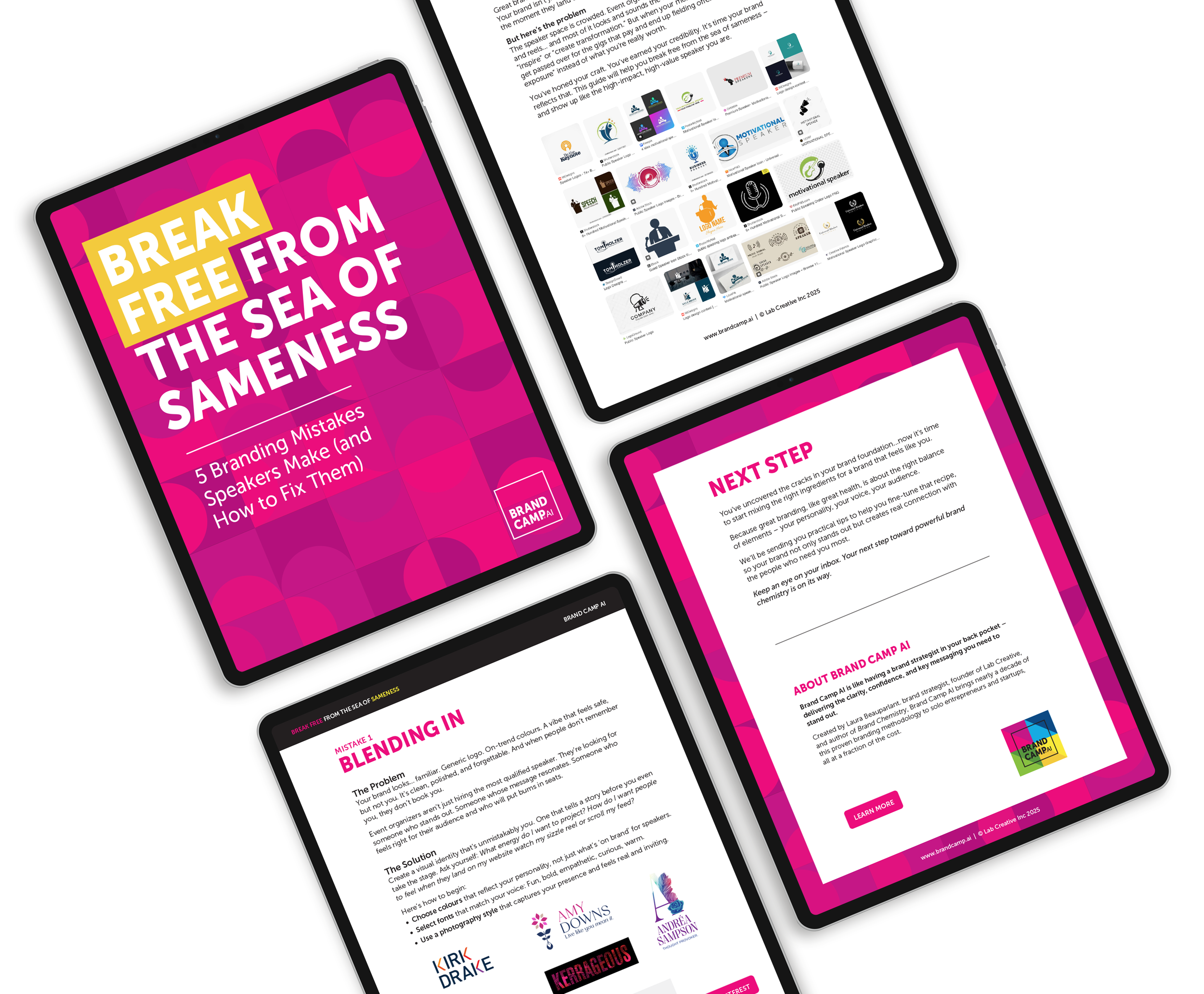 Smartphones displaying a presentation titled "Break Free from the Sea of Sameness" with content on branding mistakes and strategies, featuring vibrant pink, purple, and yellow graphics and various icons.