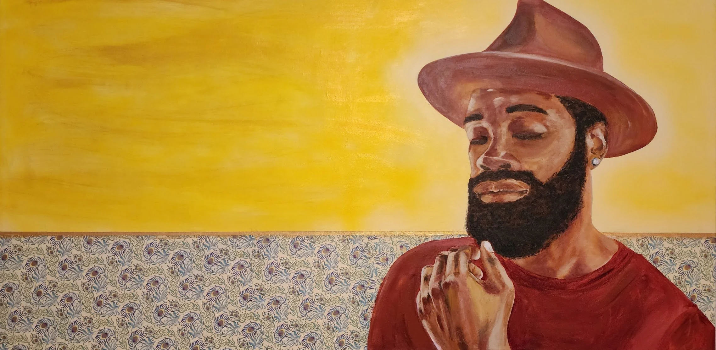 Painted portrait of a man with a beard and lipstick, wearing a large brown hat and a red shirt, holding his hands together near his face, with a yellow background and intricate patterned decor below.