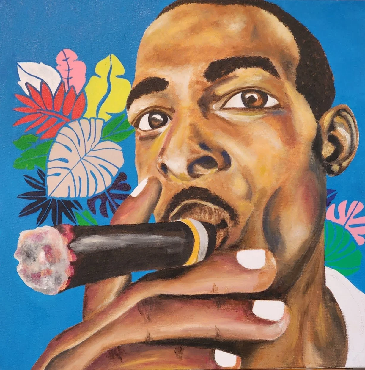 A painting of a young man with short hair and brown skin smoking a cigar, with colorful tropical leaves in the background.