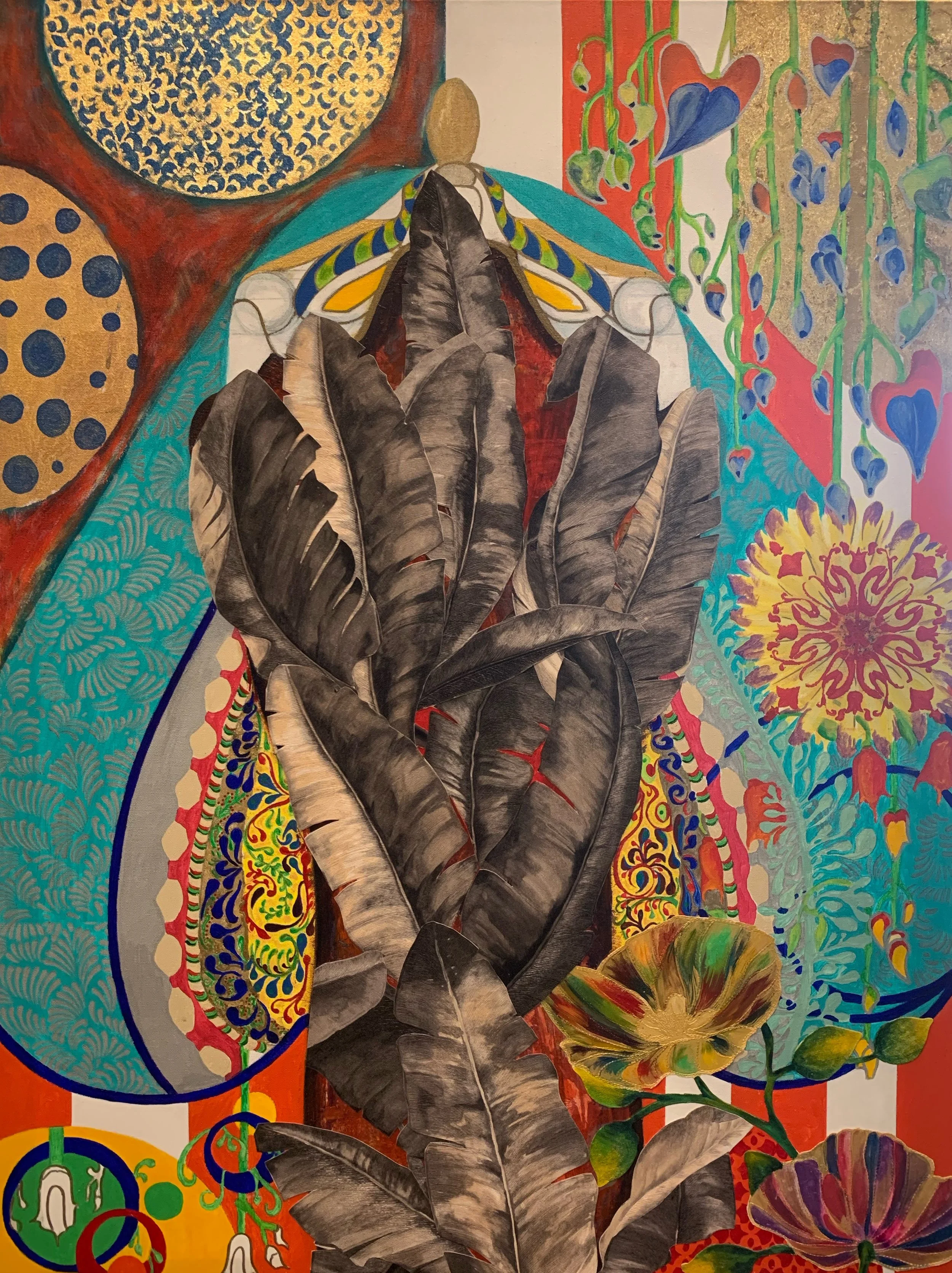 Colorful abstract painting featuring large black and brown leaves, vibrant patterns, and floral designs with swirling lines and bright colors.