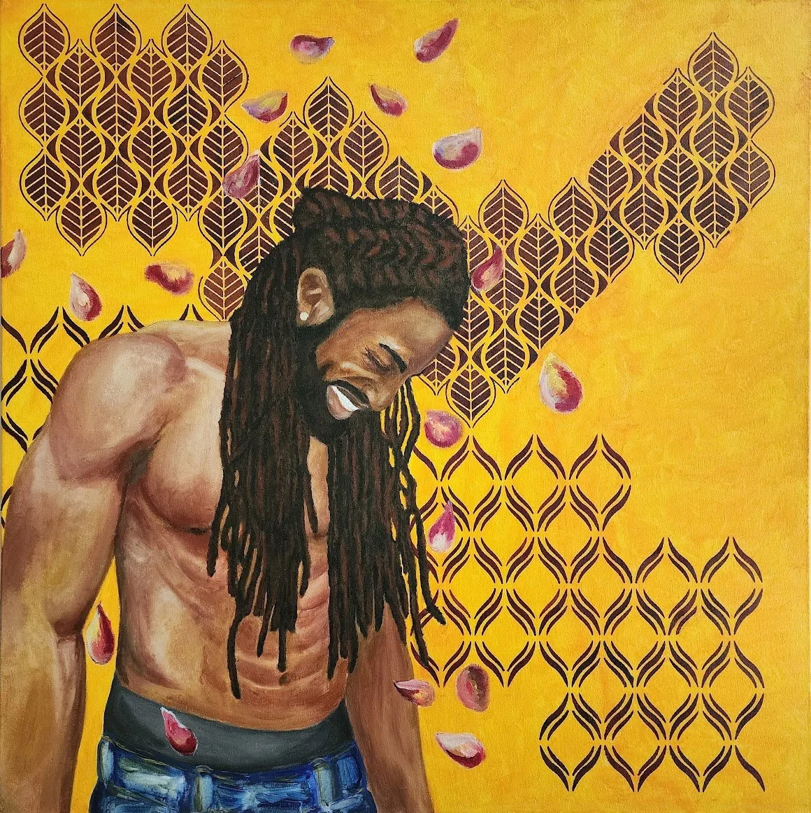 Painting of a smiling shirtless man with dreadlocks, wearing jeans, standing against a yellow background with decorative purple pattern and falling pink flower petals.