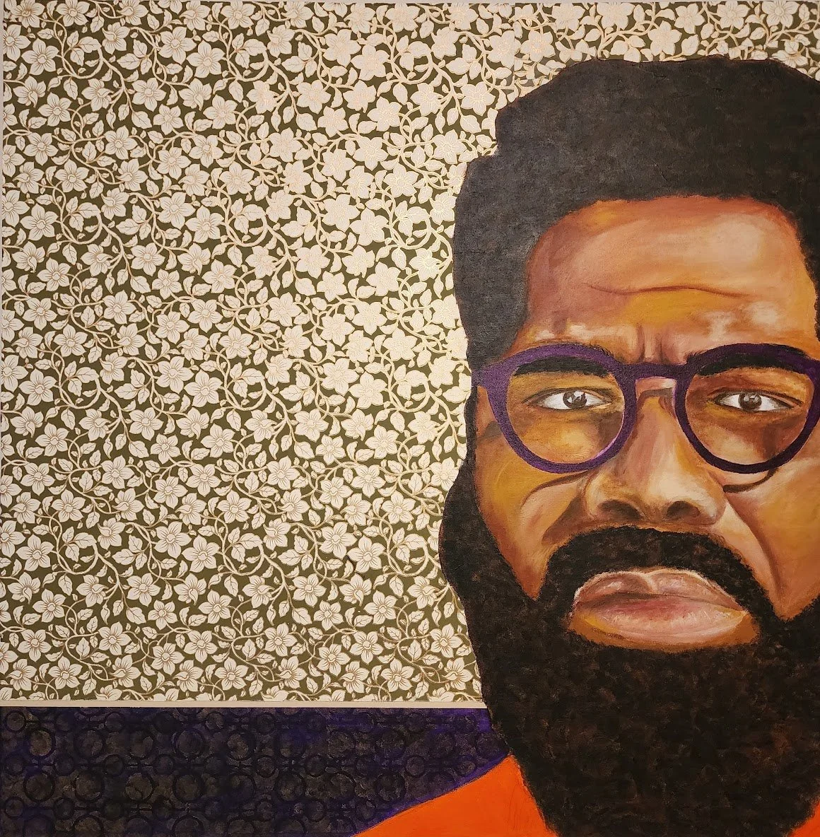 Painting of a man with glasses and a beard, side profile with patterned wallpaper behind him.