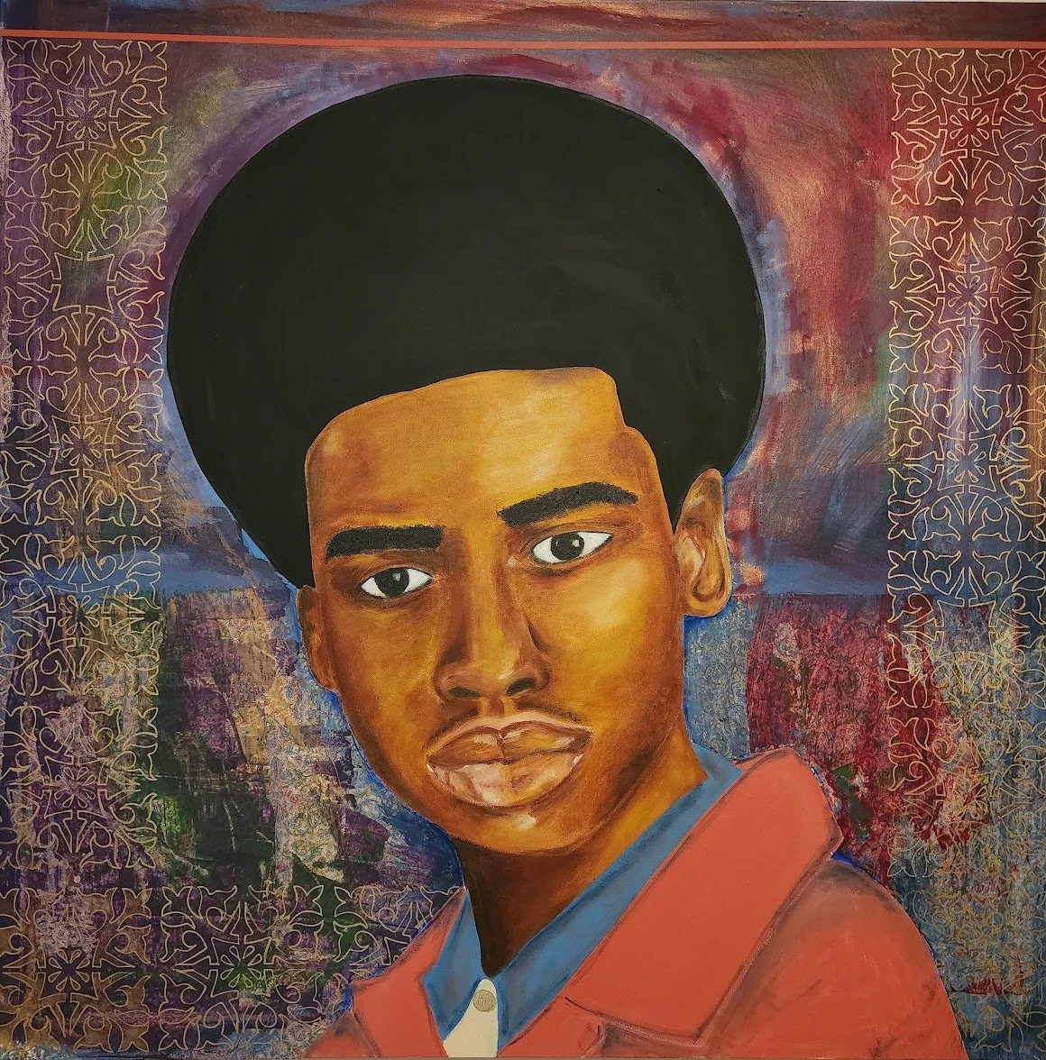 A vibrant portrait of a young Black woman with a large afro, wearing a red jacket and blue shirt, set against a colorful, abstract background with decorative patterns on the sides.