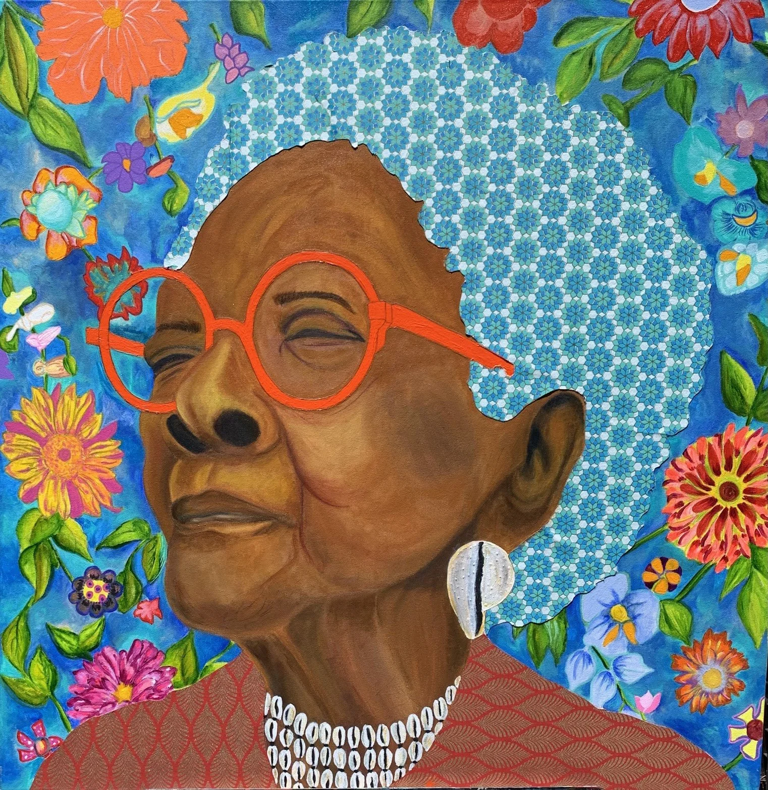 Portrait of an elderly woman with glasses, a shell earring, and a pearl necklace, surrounded by colorful flowers and patterned backgrounds.