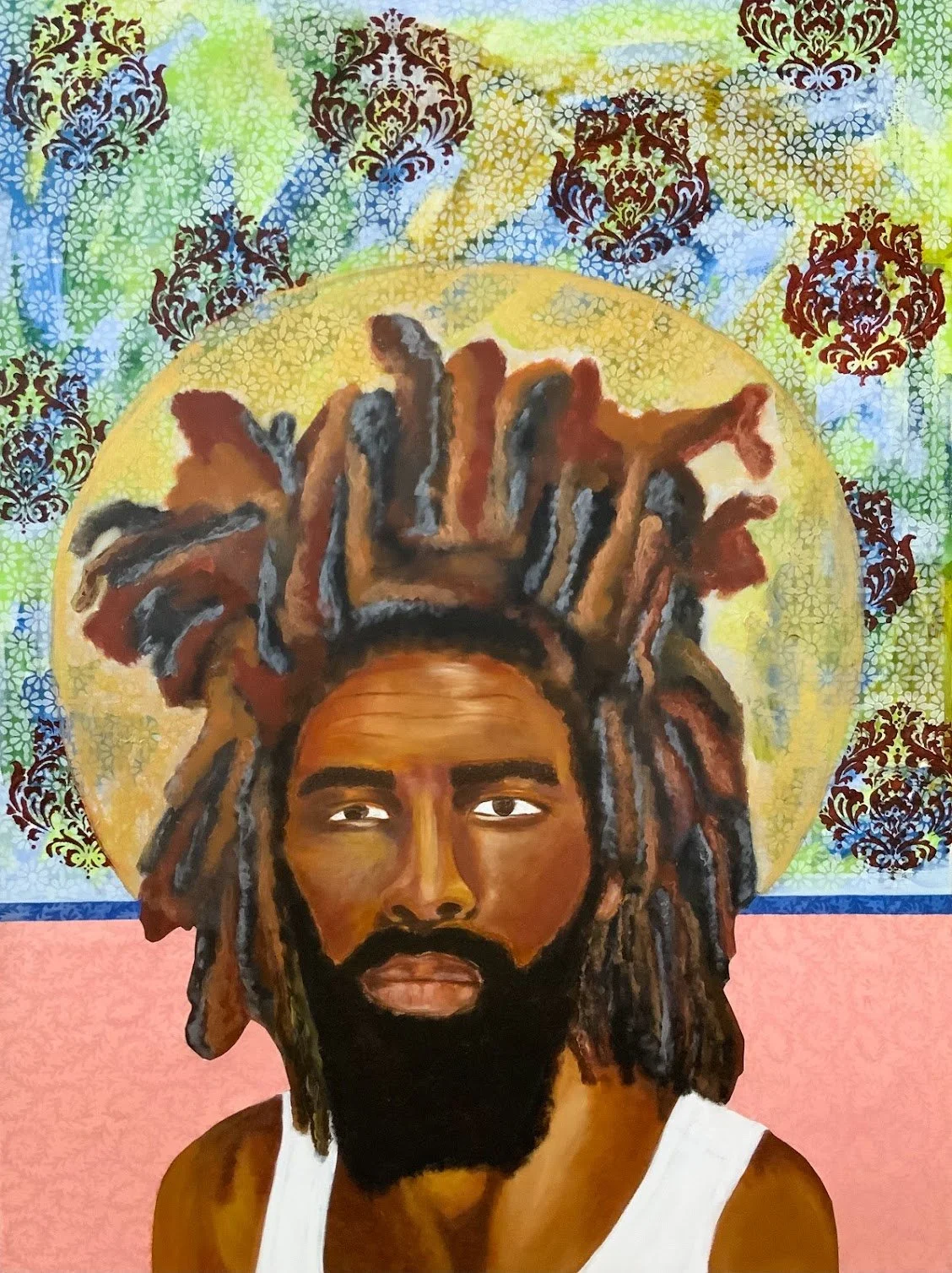 Painting of a man with dark skin, long dreadlocks, and a beard, wearing a white tank top, with a colorful patterned background and a golden halo behind his head.