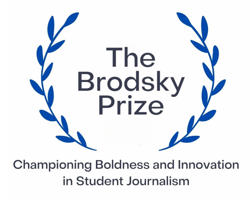 Logo for The Brodsky Prize, featuring a blue laurel wreath and text that reads "The Brodsky Prize" and "Championing Boldness and Innovation in Student Journalism."
