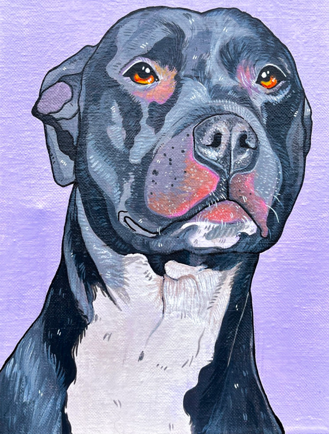 Digital painting of a black and white dog with a serious expression, against a purple background.