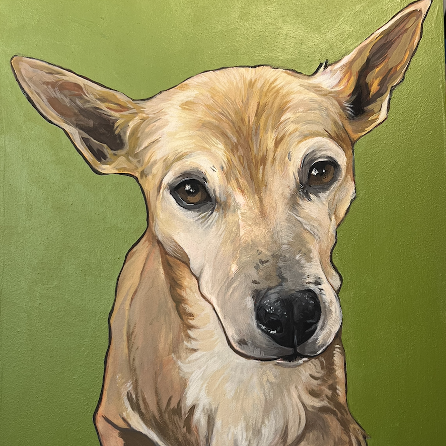 Painting of a tan dog with large ears on a green background.