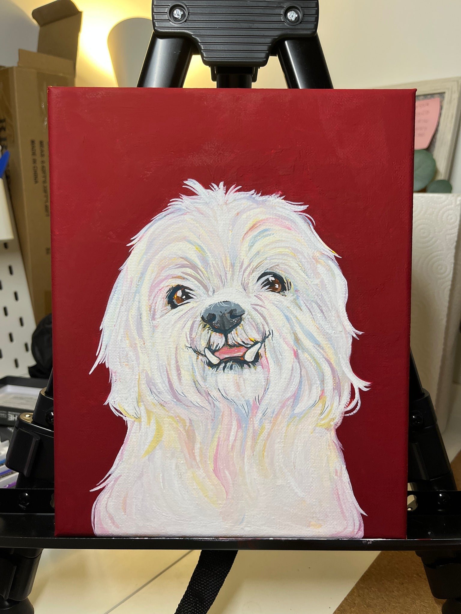 Painting of a happy white fluffy dog with a red background.